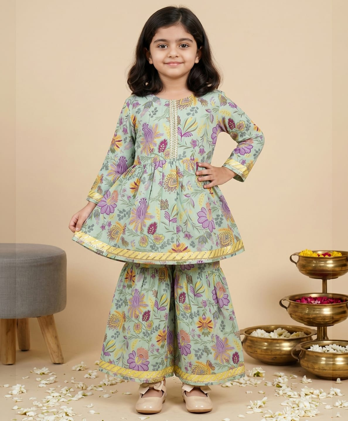 READIPRINT Pure Cotton Woven Full Sleeves Floral Printed Kurti & Sharara Set - Sea Green-picture-12