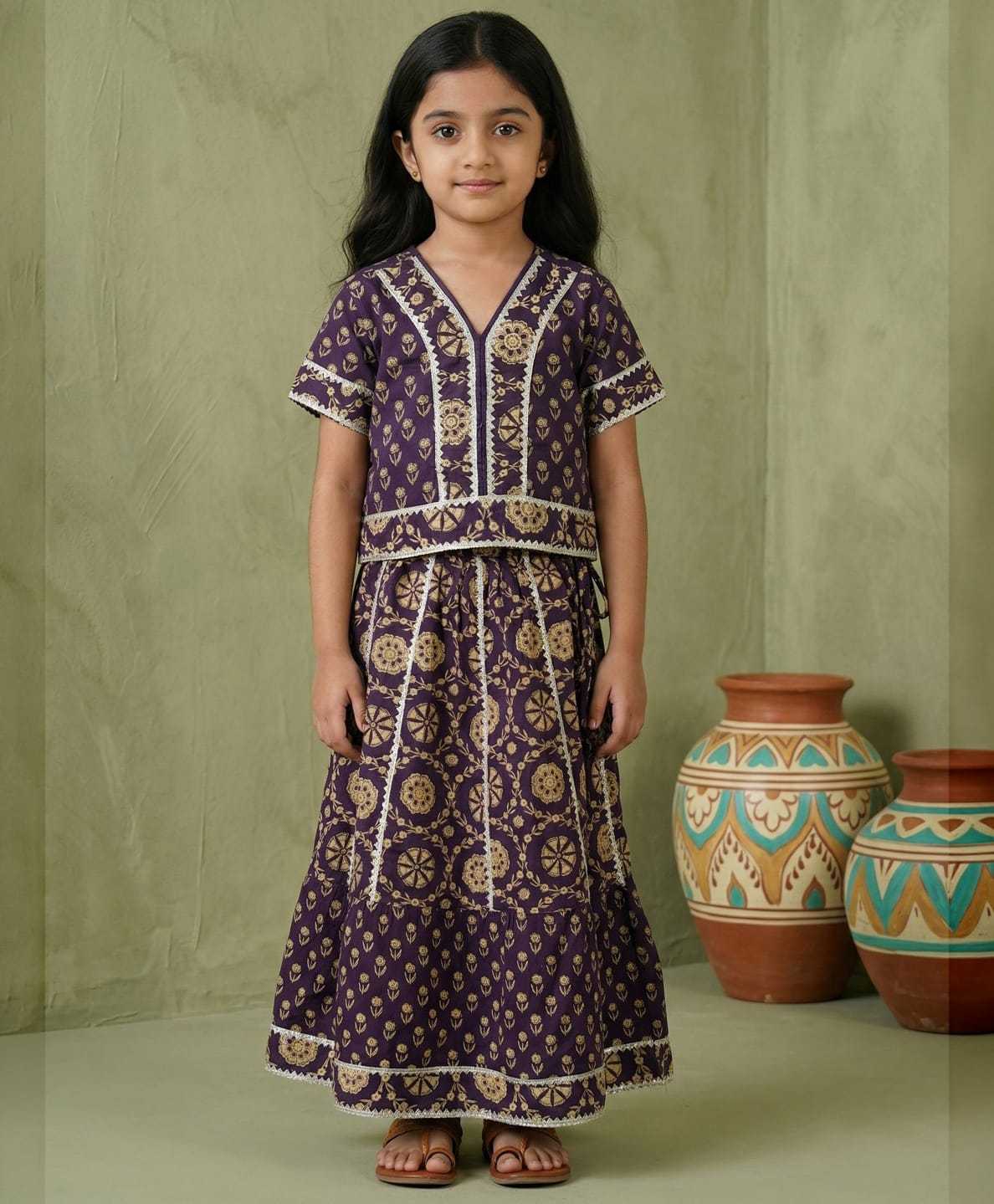 READIPRINT Cotton Woven Half Sleeves Floral Printed & Gota Lace Embellished Lehenga & Choli Set - Purple-picture-31