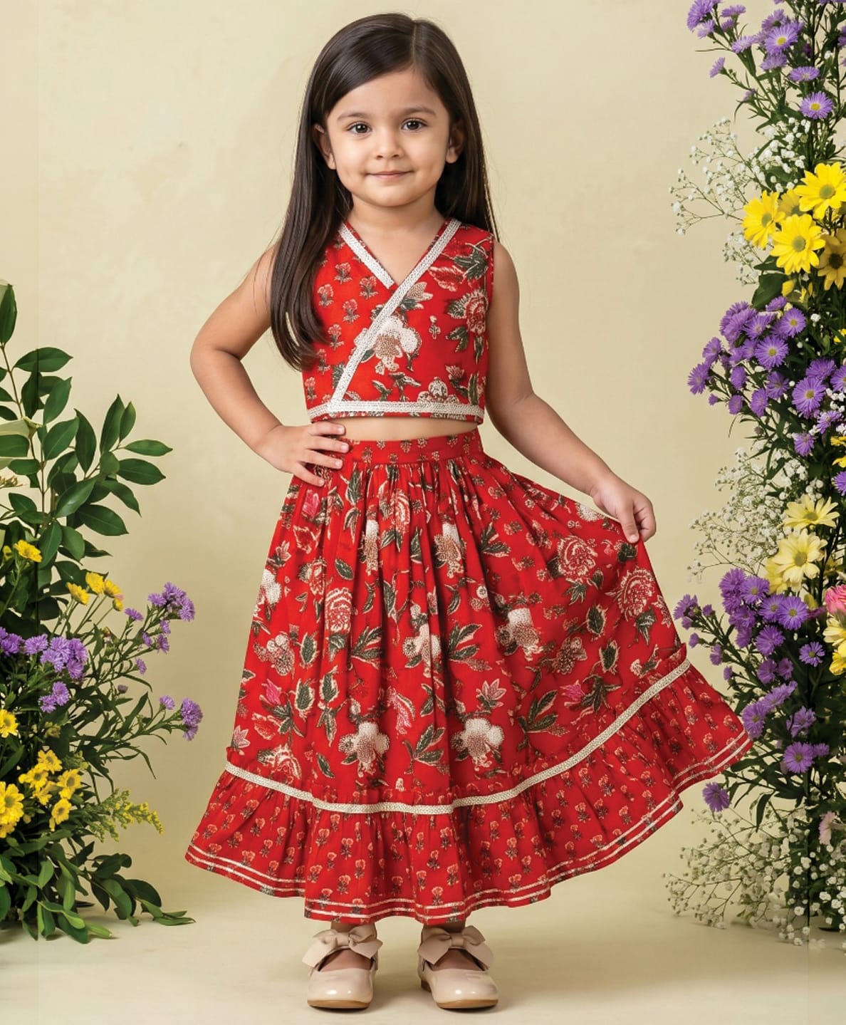 READIPRINT Cotton Woven Sleeveless Floral Printed Lehenga & Choli Set - Red-image-19