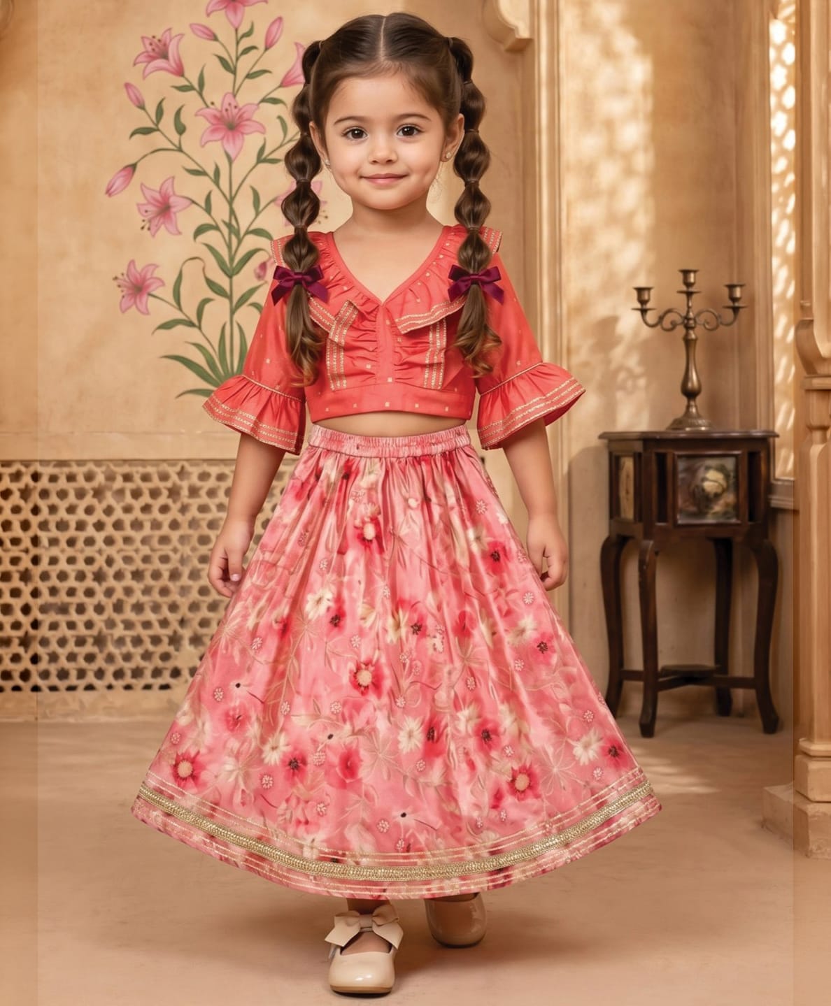 READIPRINT Silk Woven Three Fourth Bell Sleeves Polka Dots Foil Printed Lehenga & Choli Set - Pink-picture-27