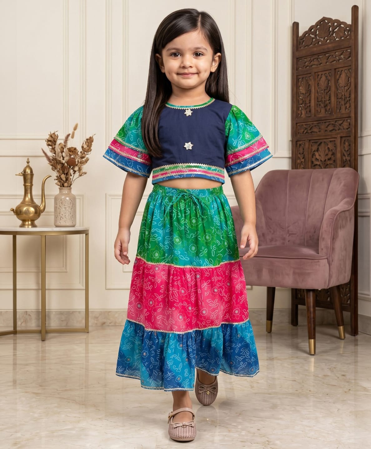 READIPRINT Cotton Woven Half Sleeves Colour Blocked & Bandhani Printed Lehenga & Choli Set - Blue-picture-41