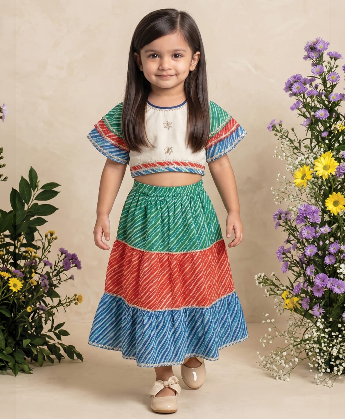 READIPRINT Cotton Woven Half Sleeves Colour Blocked & Leheriya Printed Lehenga & Choli Set - White-picture-40