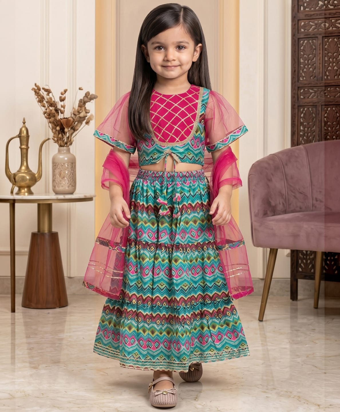 READIPRINT Silk Woven Half Sleeves Geometric Printed Lehenga & Choli With Dupatta Set - Green-picture-34
