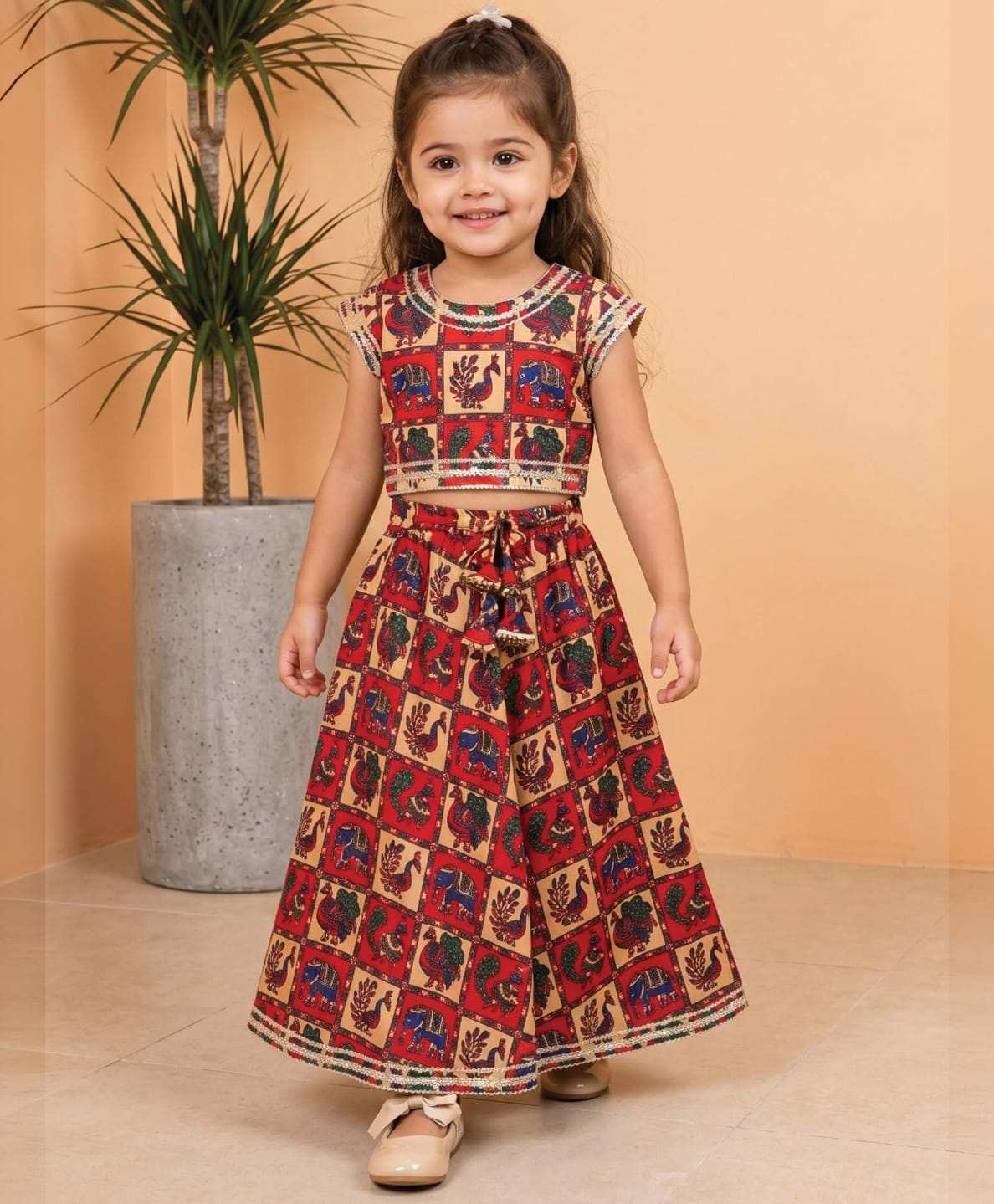 READIPRINT Satin Woven Half Sleeves Animals Printed Lehenga & Choli Set - Red-picture-44
