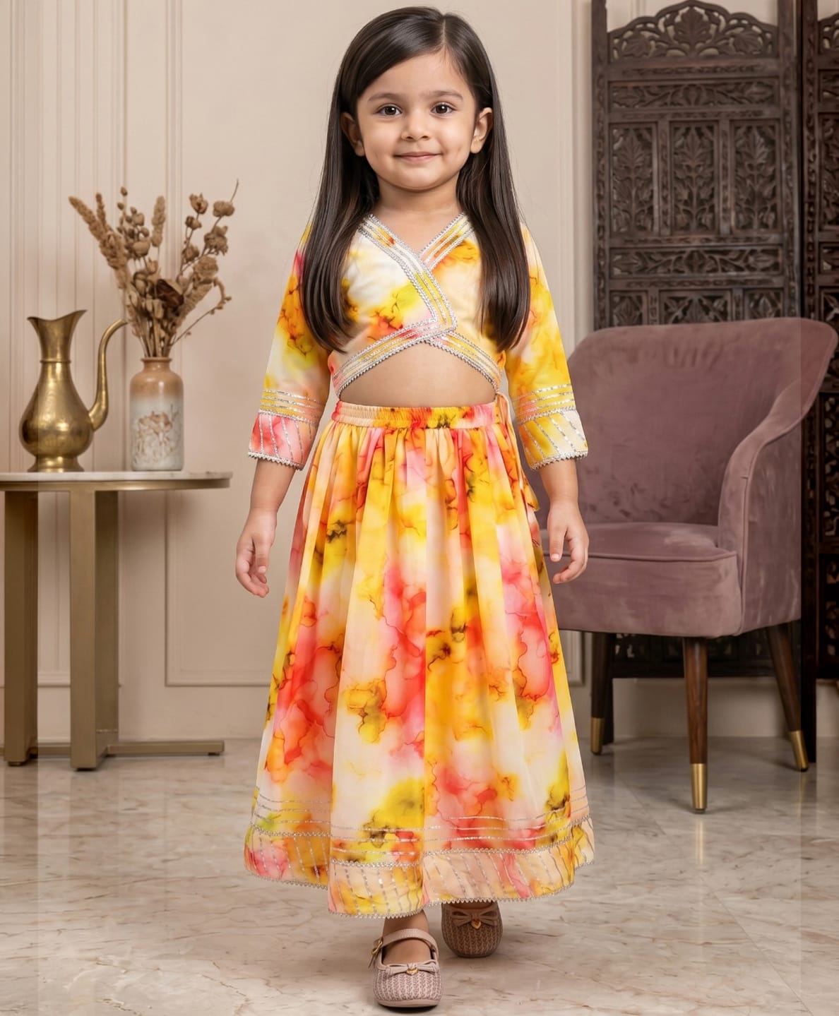 READIPRINT Silk Woven Three Fourth Tie & Dye Lace Embellished Lehenga & Choli Set - Yellow-image-22