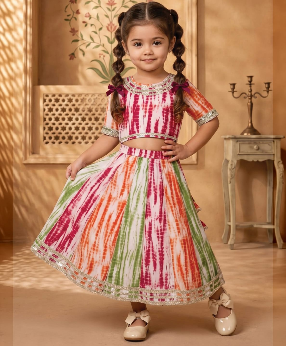 READIPRINT Chiffon Woven Half Sleeves Tie & Dye Lace Embellished Lehenga & Choli Set - Magenta-image-11