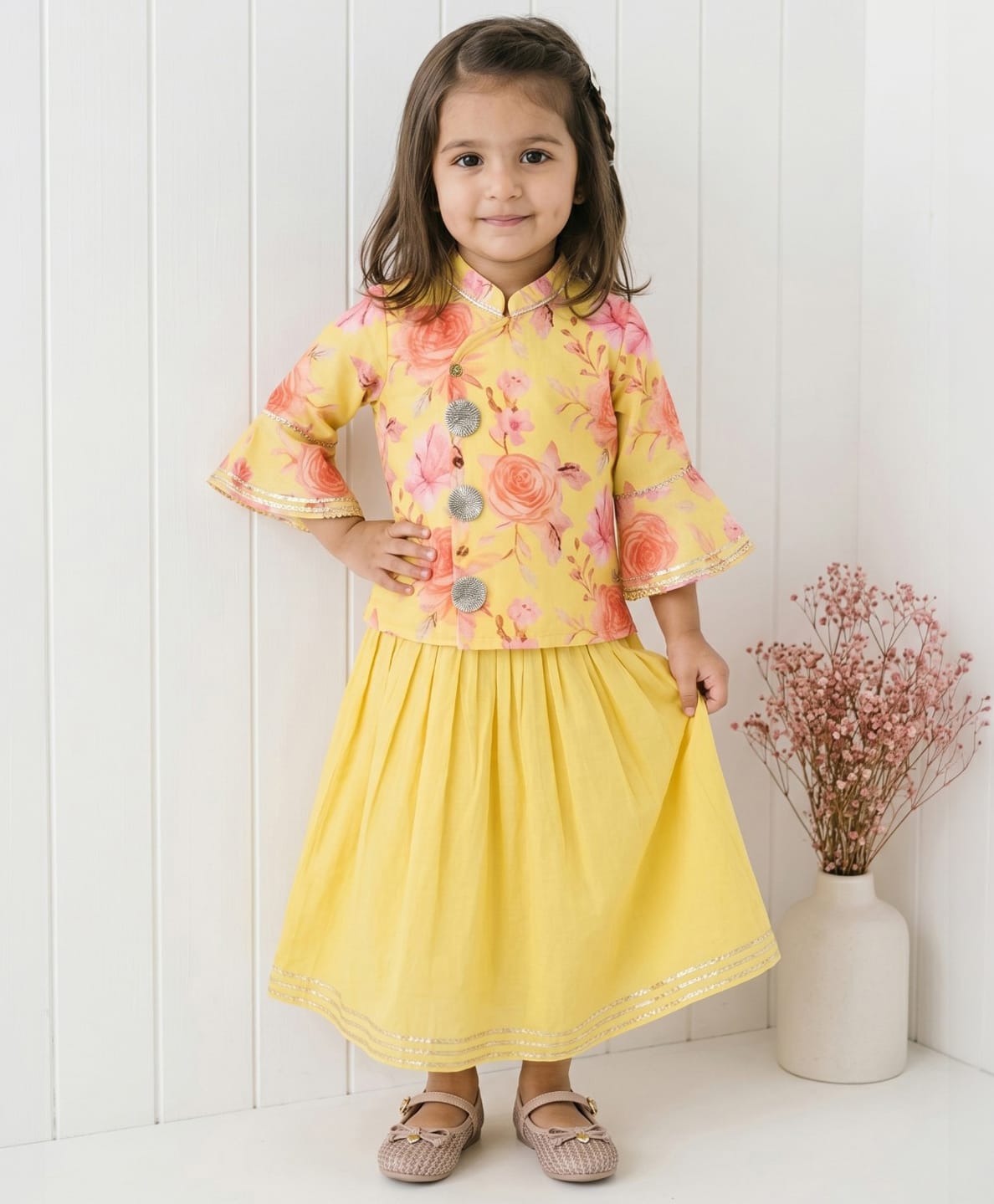 READIPRINT Cotton Woven Three Fourth Bell Sleeves Floral Printed Lehenga & Choli Set - Yellow-picture-0