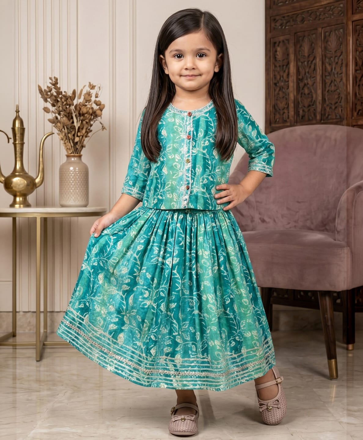 READIPRINT Viscose Rayon Woven Three Fourth Sleeves Leaves Printed Lace Embellished Lehenga & Choli Set - Green-picture-41