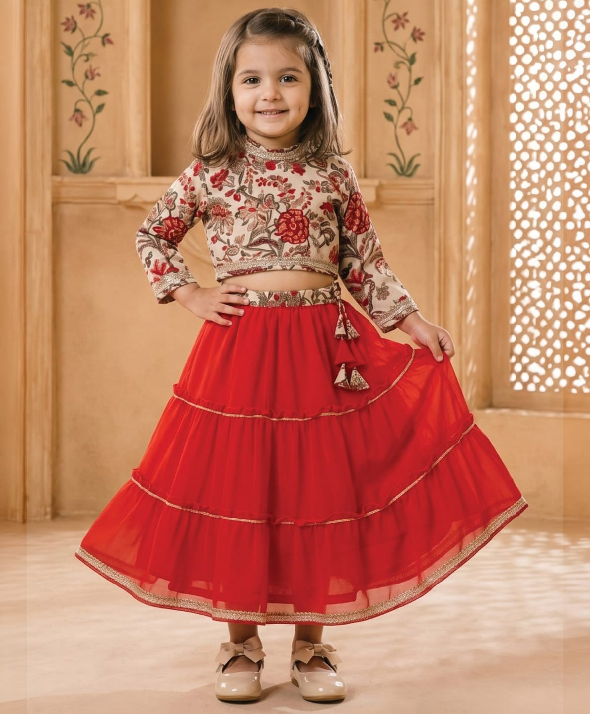 READIPRINT Silk Woven Three Fourth Sleeves Floral Printed Lehenga & Choli Set - Beige-picture-46