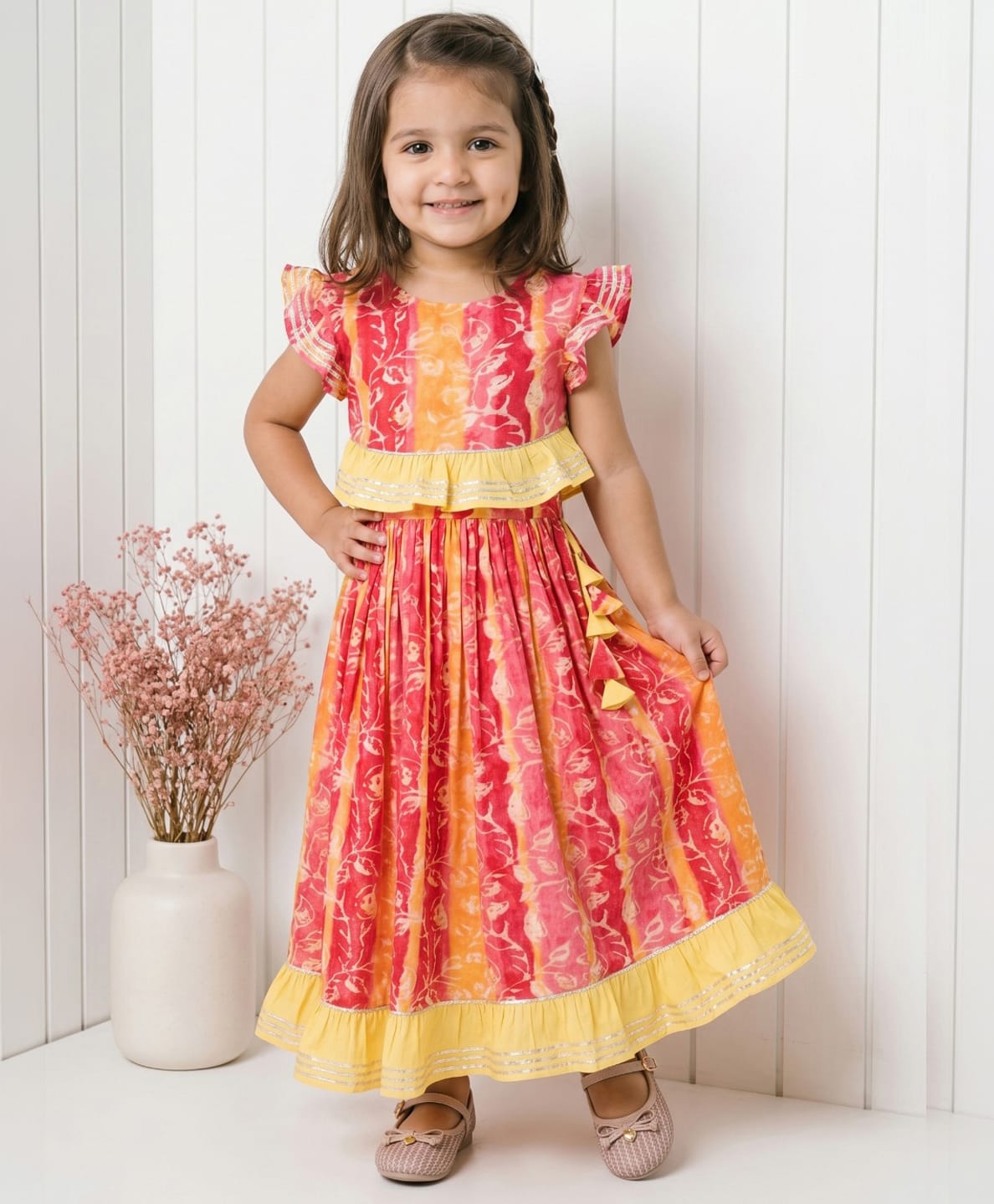 READIPRINT Viscose Rayon Woven Half Sleeves Tie & Dye Leaves Printed Lehenga & Choli Set - Pink-picture-24