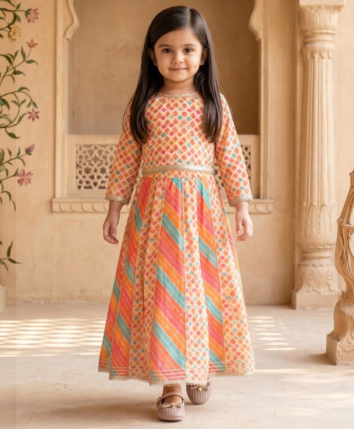 READIPRINT Cotton Woven Three Fourth Sleeves Geometric Printed Lehenga & Choli Set - Beige-picture-19
