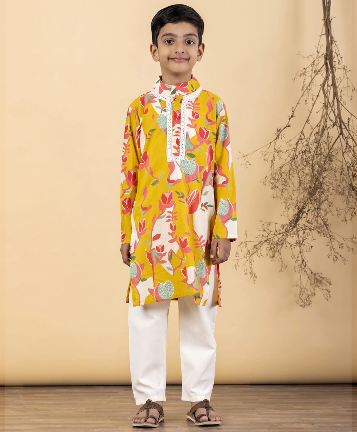 READIPRINT Pure Cotton Woven Full Sleeves Floral Printed Kurta & Pyjama Set - Mustard-picture-7