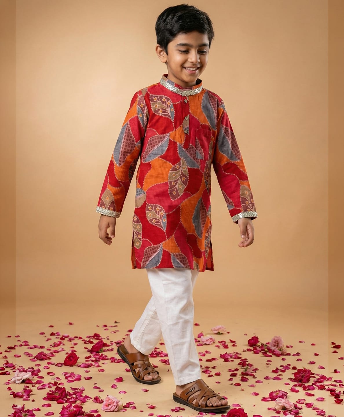 READIPRINT Pure Cotton Woven Full Sleeves Leaves Printed Kurta & Pyjama Set - Red-picture-5