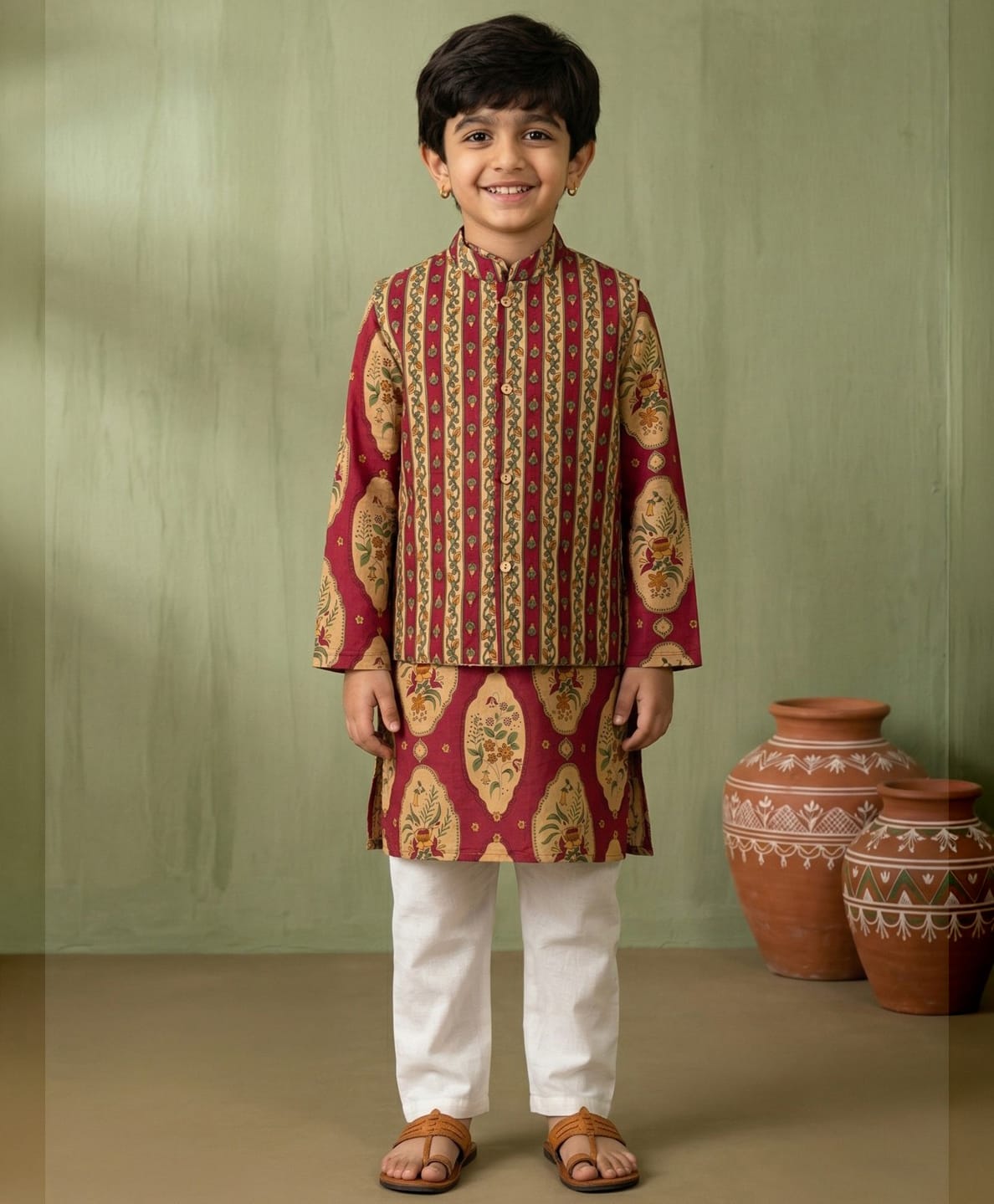 READIPRINT Pure Cotton Woven Full Sleeves Floral Printed Kurta & Pyjama With Jacket Set - Red-picture-20