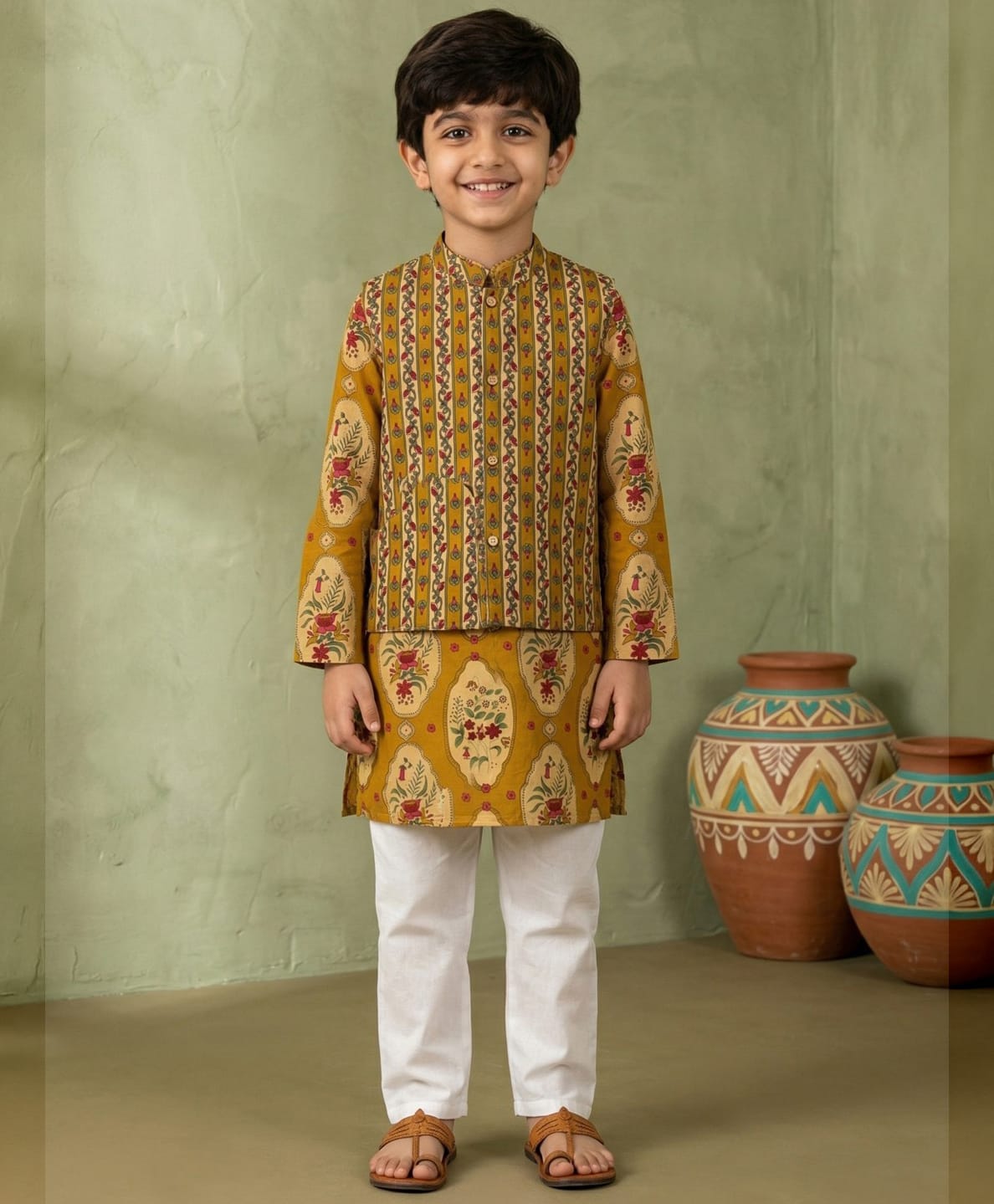 READIPRINT Pure Cotton Woven Full Sleeves Floral Printed Kurta & Pyjama With Jacket Set - Mustard-picture-18