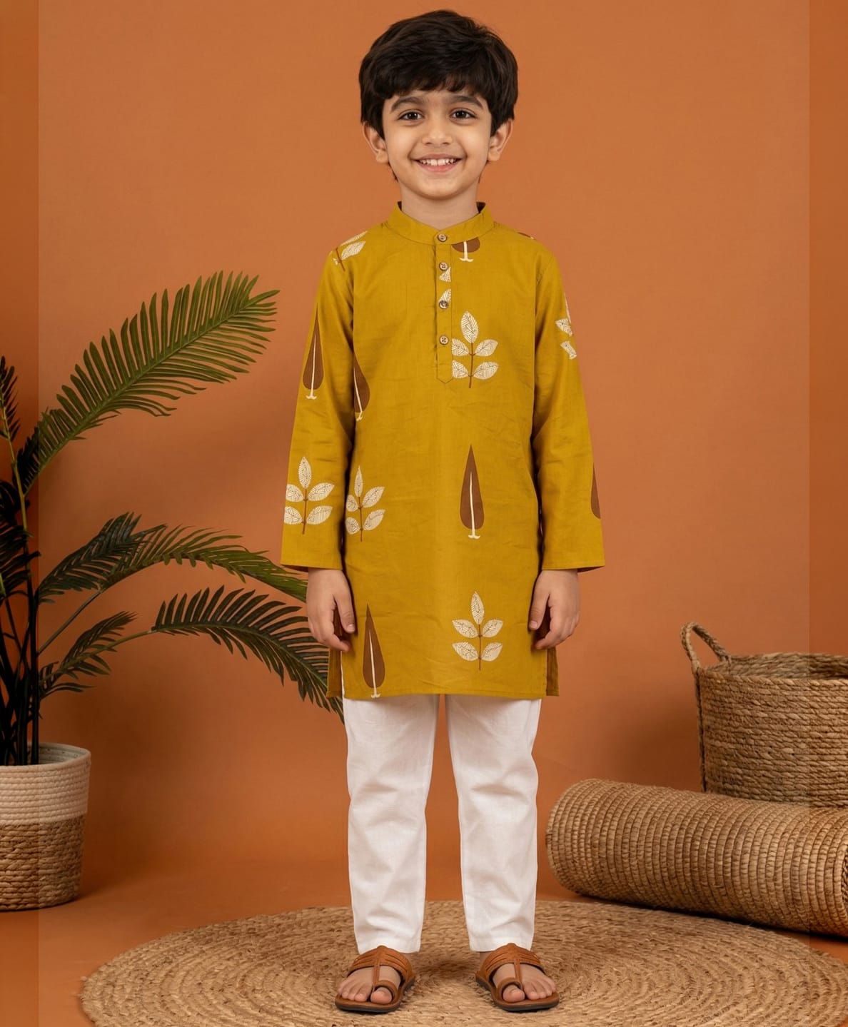 READIPRINT Pure Cotton Woven Full Sleeves Leaves Printed Kurta & Pyjama Set - Yellow-image-12