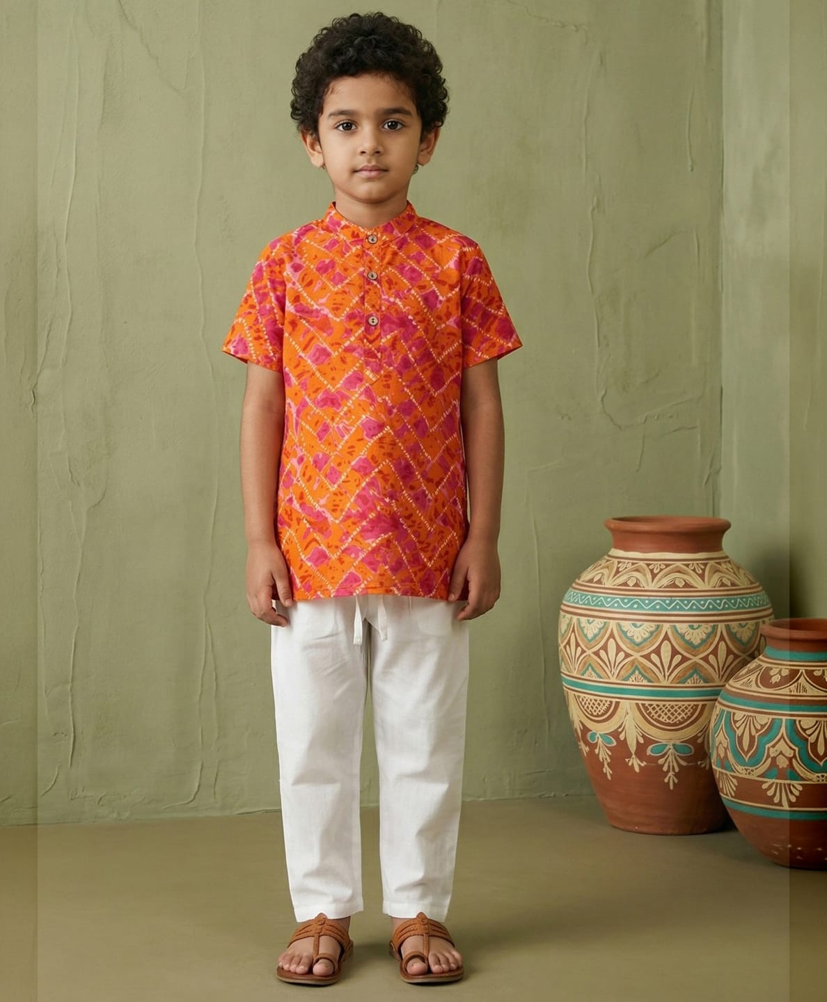 READIPRINT Pure Cotton Woven Half Sleeves Abstract Printed Kurta & Pyjama Set - Orange-image-41