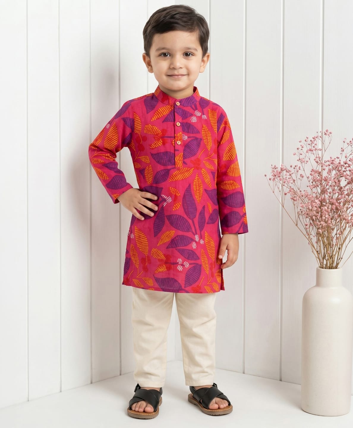 READIPRINT Pure Cotton Woven Full Sleeves Leaves Printed Kurta & Pyjama Set - Pink-picture-31
