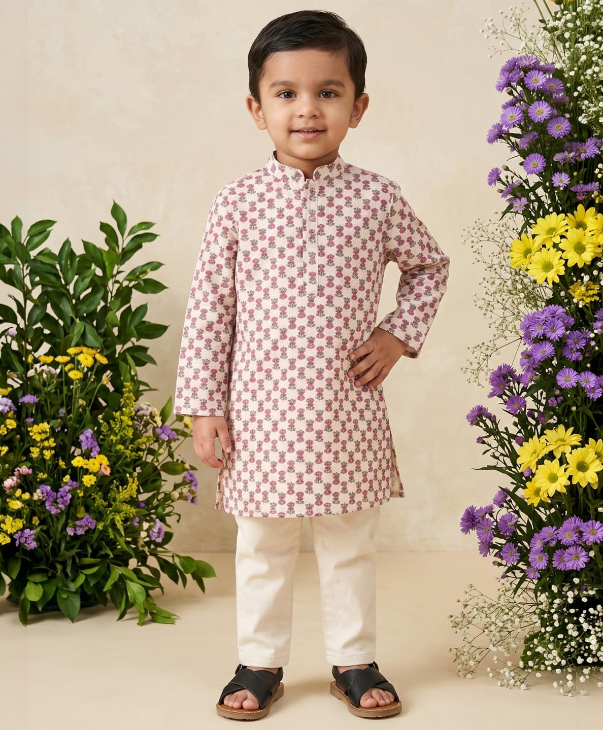 READIPRINT Pure Cotton Woven Full Sleeves Floral Printed Kurta & Pyjama Set - Cream-picture-21