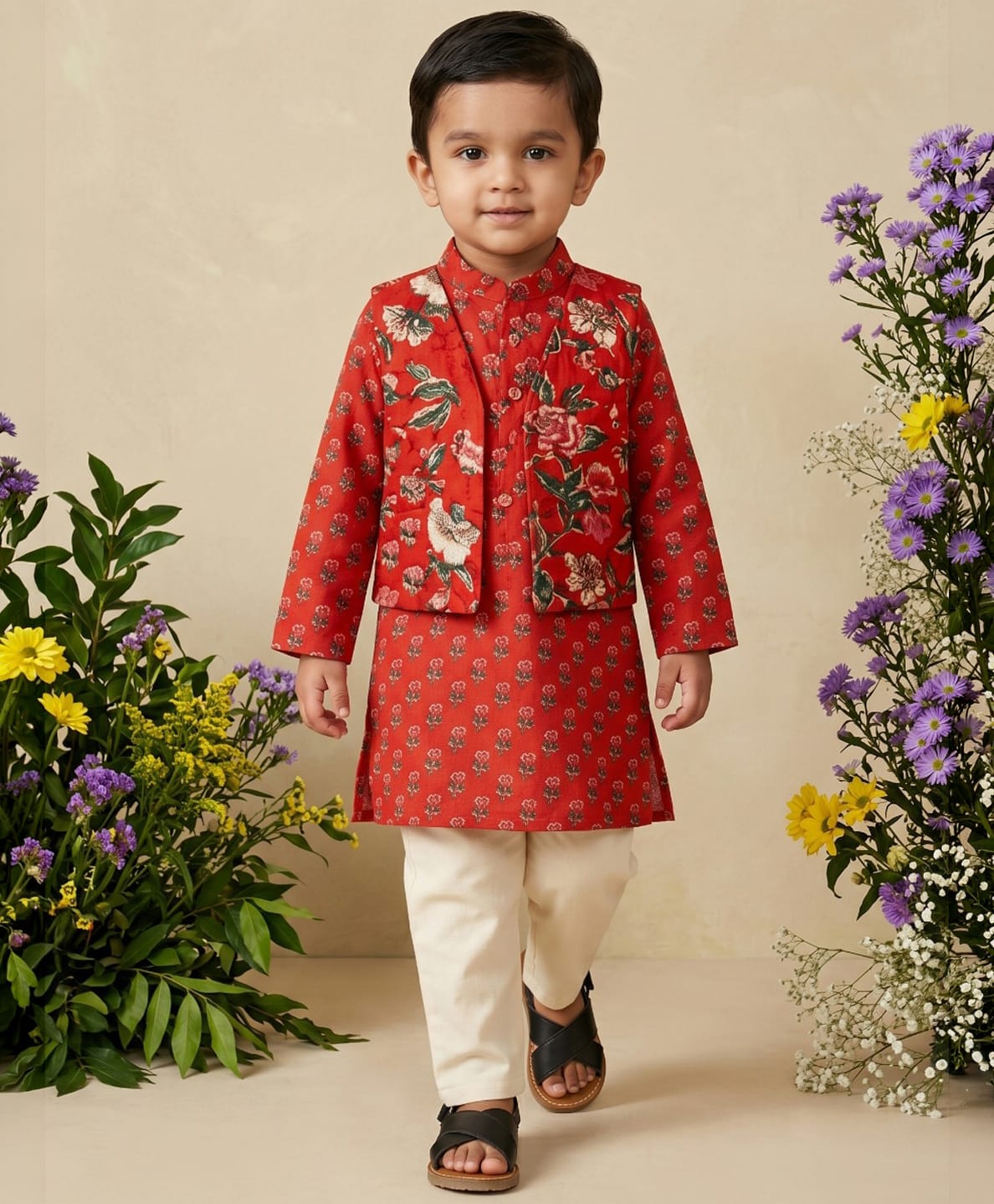 READIPRINT Pure Cotton Woven Full Sleeves Full Sleeves Printed Kurta & Pyjama With Jacket Set - Red-picture-14