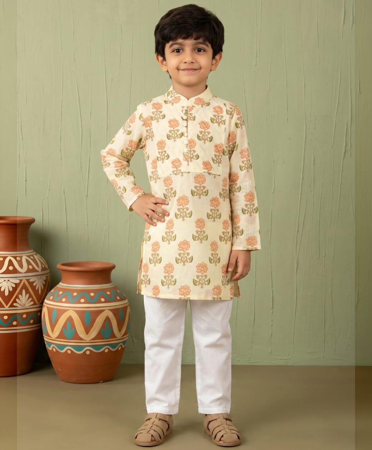 READIPRINT Pure Cotton Woven Full Sleeves Floral Printed Kurta & Pyjama Set - Cream-picture-23