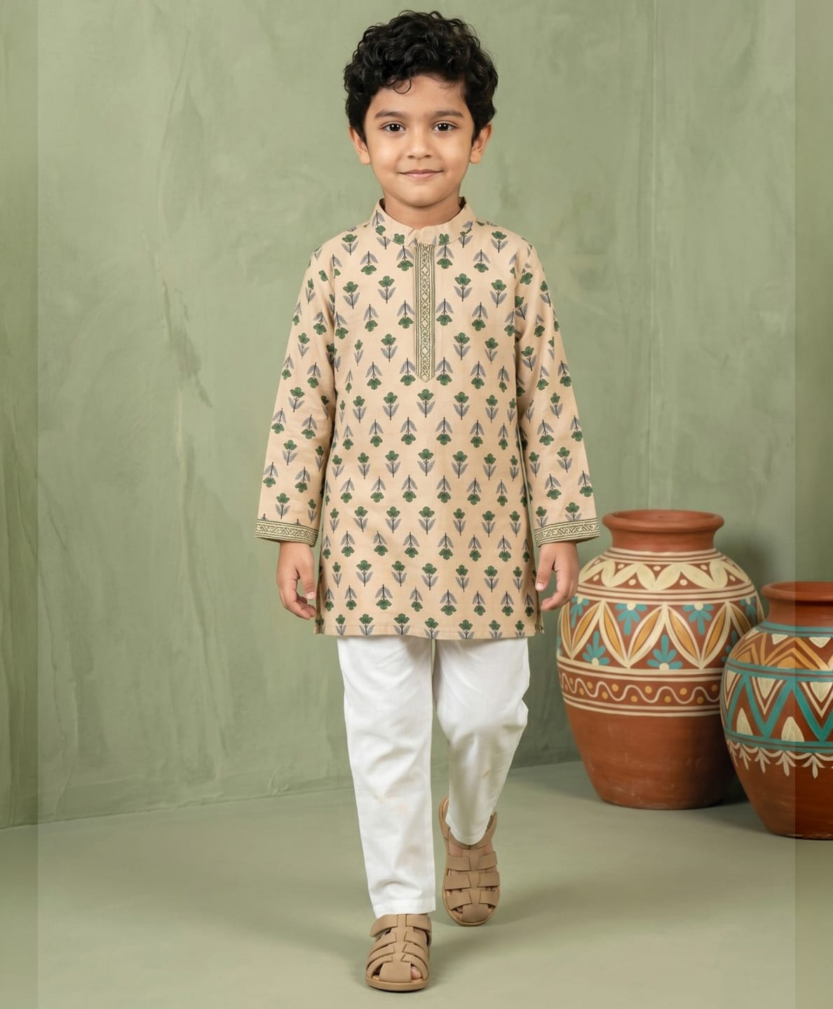 READIPRINT Cotton Woven Full Sleeves Floral Printed Kurta & Pyjama Set - Cream & Green-picture-17