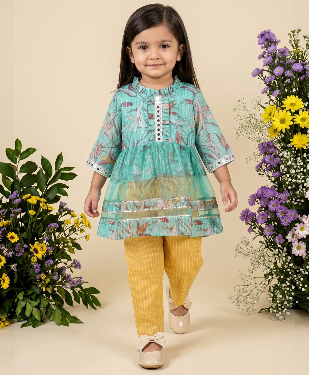 READIPRINT Organza Woven Three Fourth Sleeves Floral Printed Kurti & Pants Set - Sea Green-picture-22