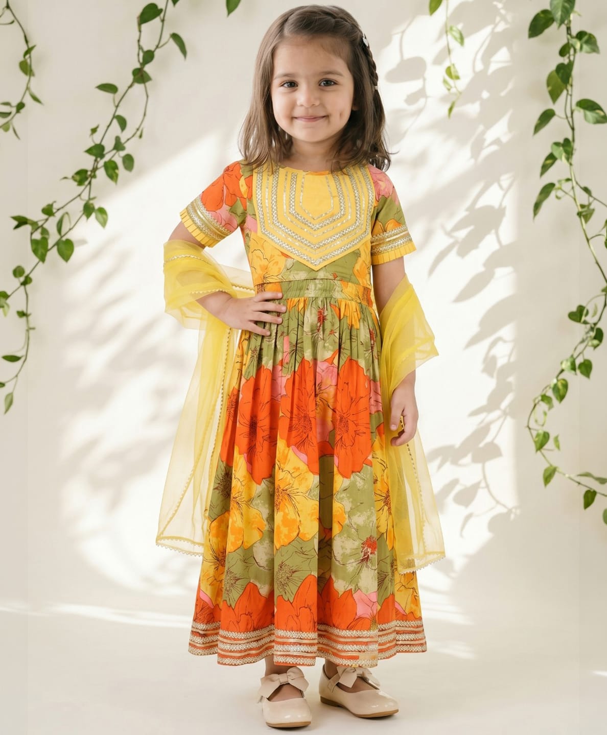 READIPRINT Cotton Woven Half Sleeves Floral Printed & Lace Embellished Lehenga & Choli With Dupatta Set - Olive Green-picture-28