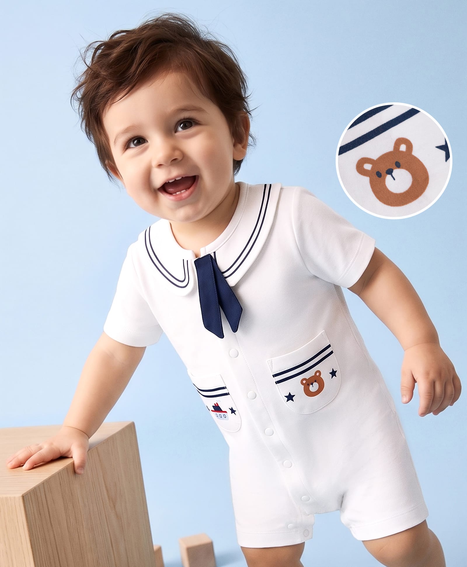Mark & Mia Cotton Knit Half Sleeves Teddy Bear & Boat Printed Rompers With Peter Pan Collar & Pocket Detailing - White-image-31