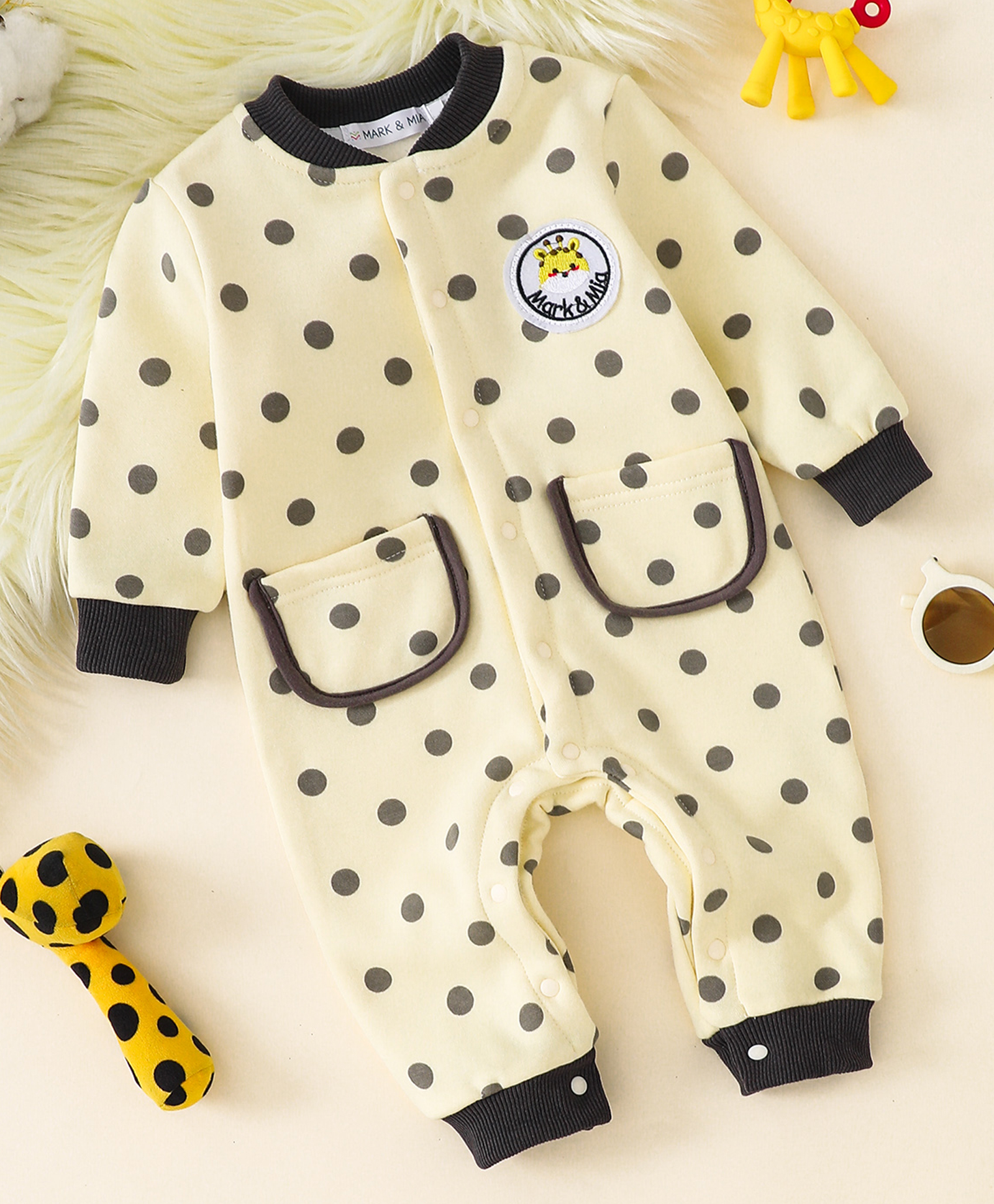 Mark & Mia Cotton Full Sleeves Winter Wear Romper With Polka Dot Print - Beige-image-22