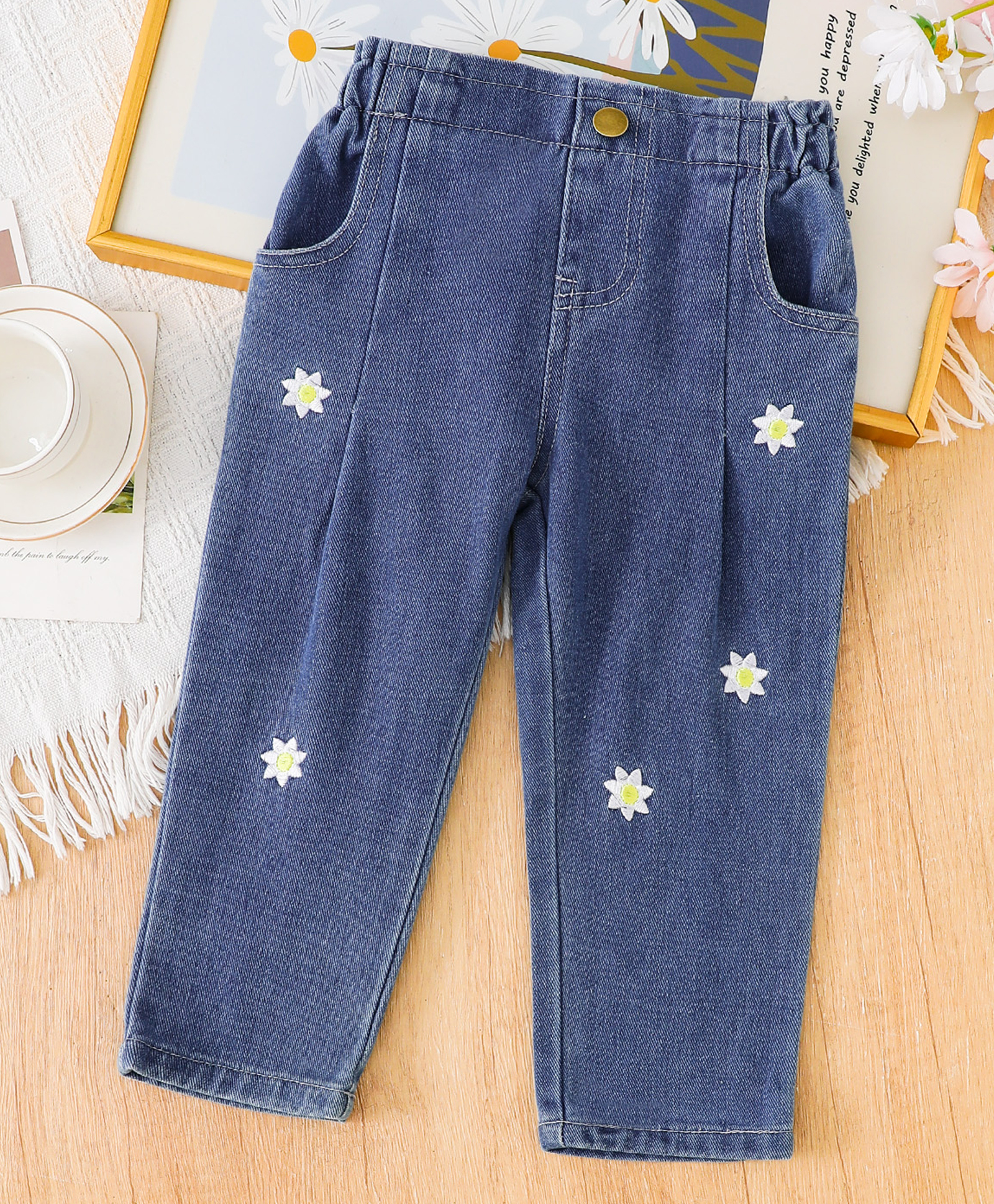 Mark & Mia Cotton Full Length Jeans With Floral Embroidery - Blue-picture-17