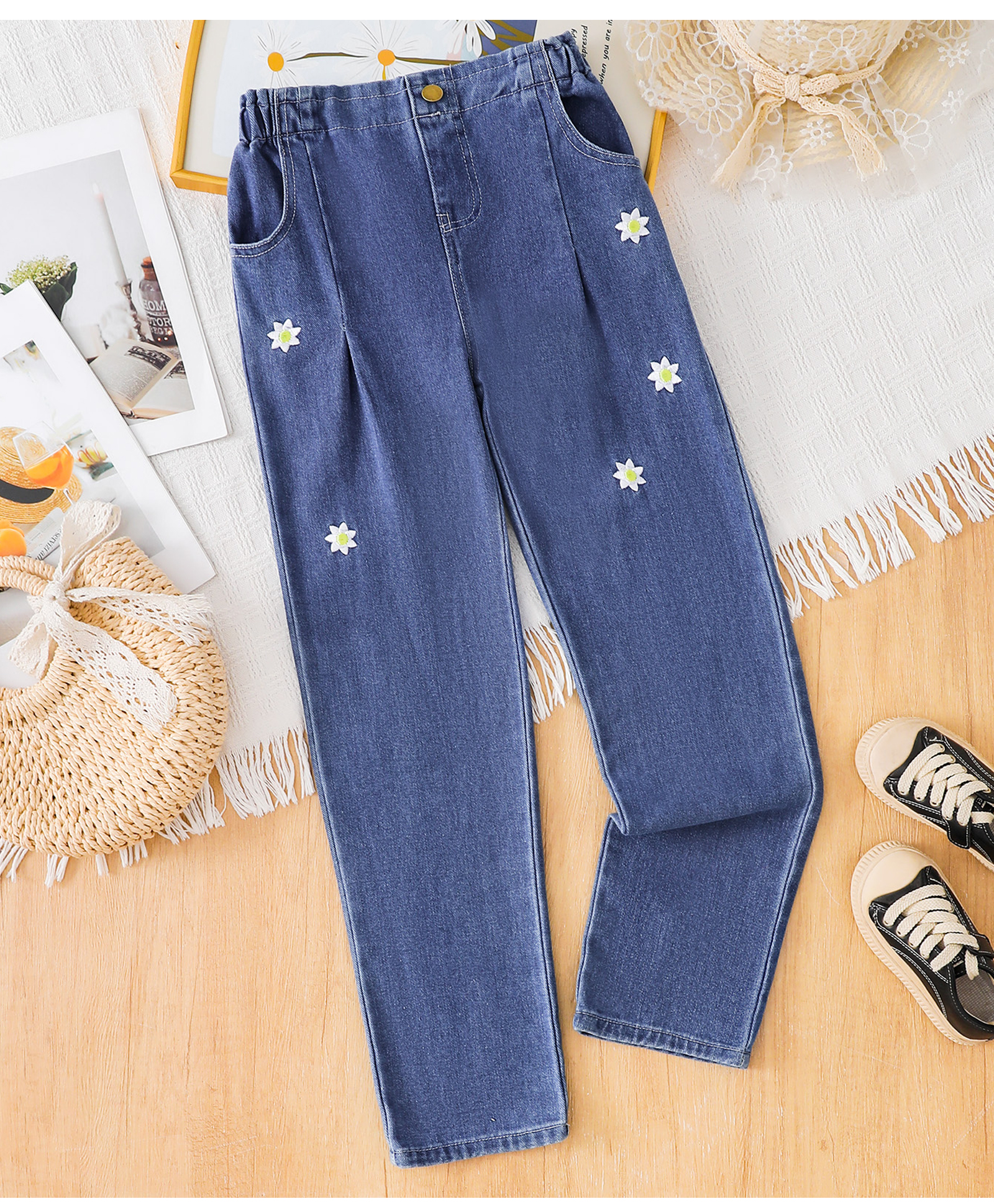 Mark & Mia Cotton Full Length Jeans With Floral Embroidery - Blue-picture-10