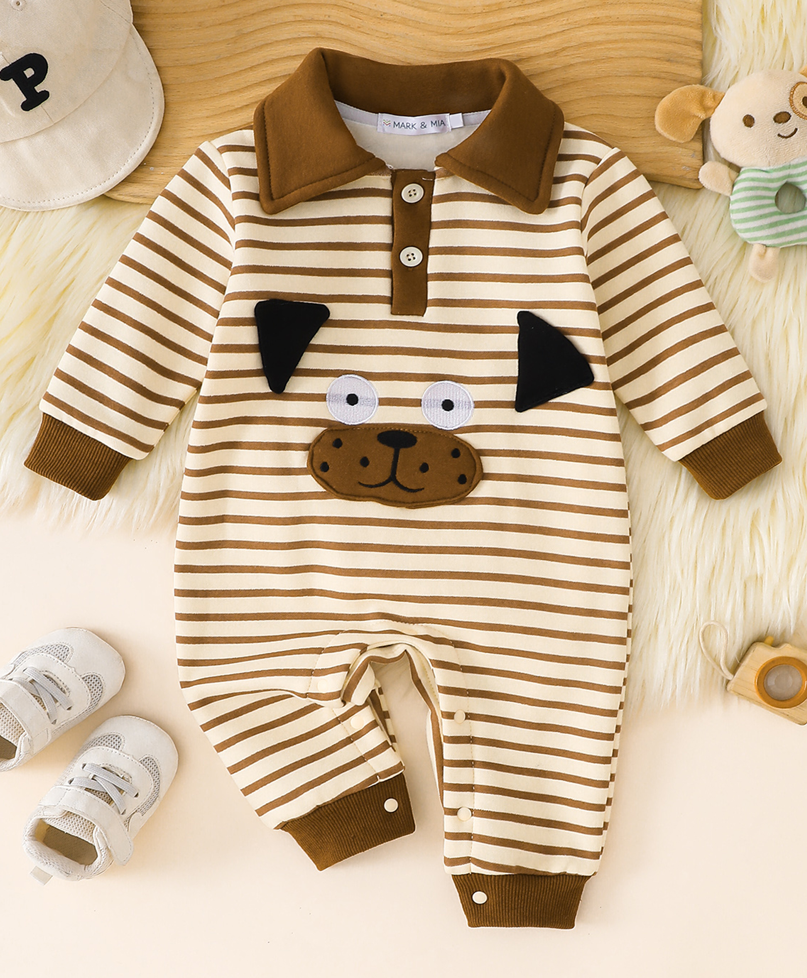 Mark & Mia Cotton Full Sleeves Winter Wear Striped Romper With Teddy Bear Applique - Brown-image-46