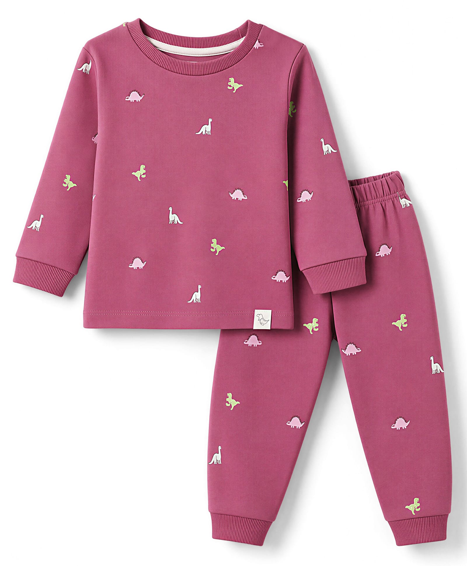 Pink Rabbit Interlock Knit Full Sleeves Co-Ords T-Shirt & Pyjama Night Suit with Dinosaur Print - Dark Pink-picture-0