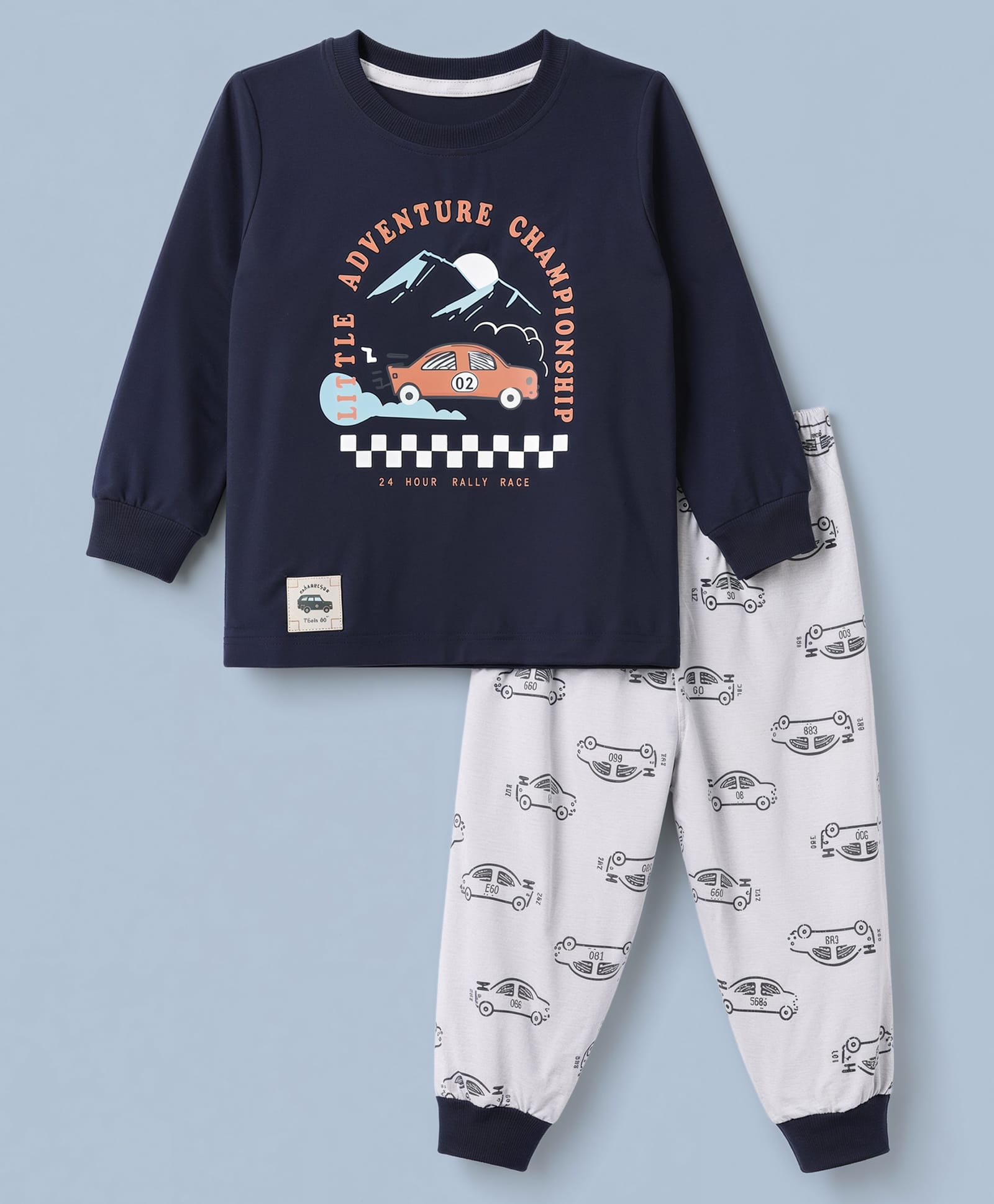 Pink Rabbit Sinker Knit Full Sleeves T-Shirt With Car & Text Print & Joggers Set - Navy Blue-image-37