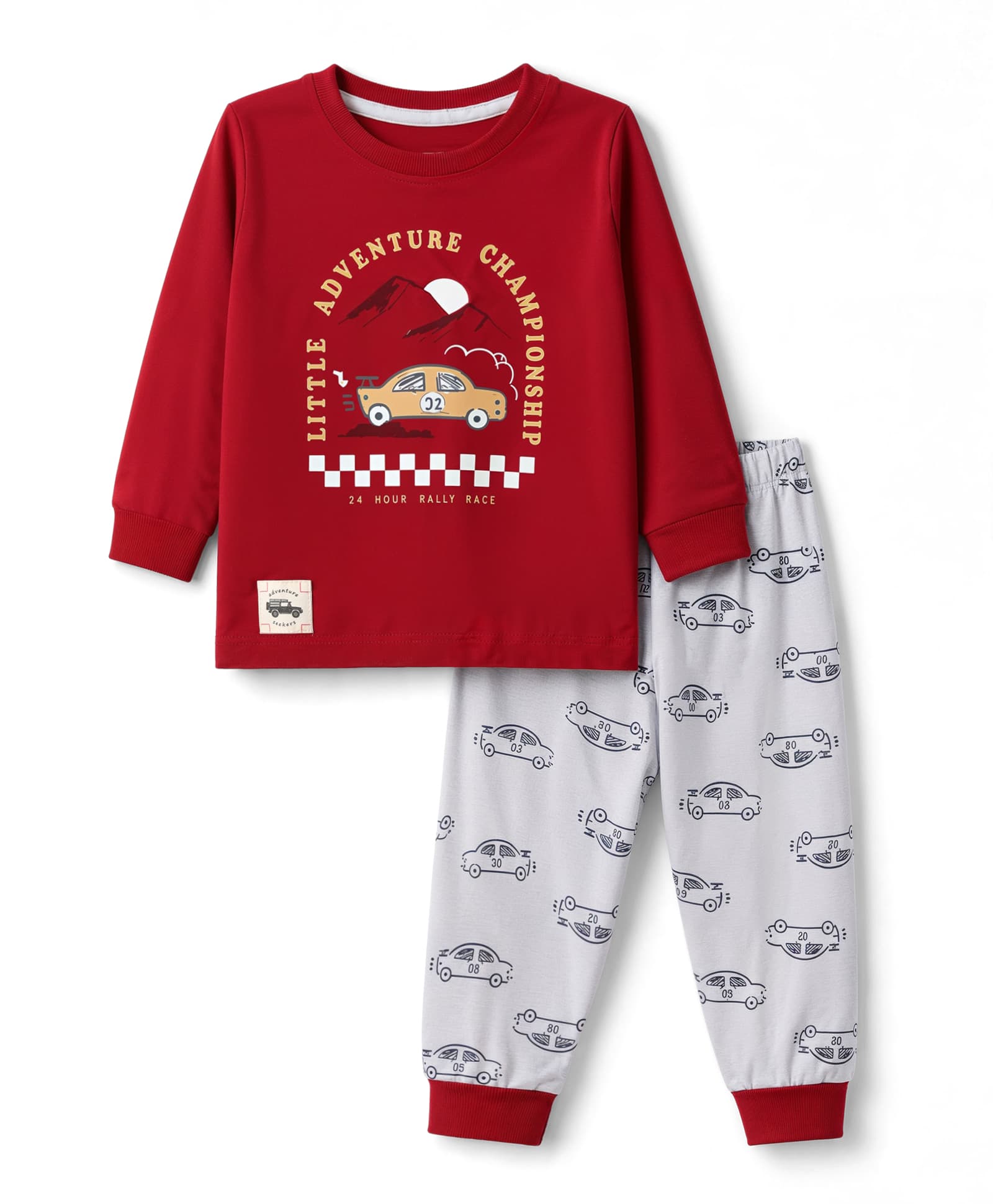 Pink Rabbit Sinker Knit Full Sleeves T-Shirt With Car & Text Print & Joggers Set - Red-picture-18