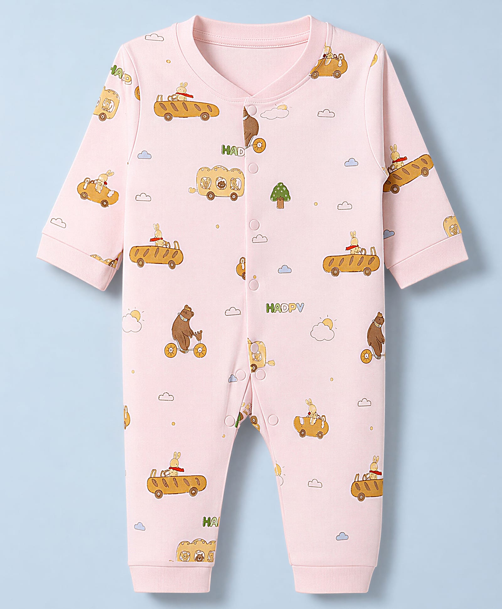 Pink Rabbit Interlock Knit Full Sleeves Rompers With Vehicle & Teddy Bear Print - Peach-picture-2