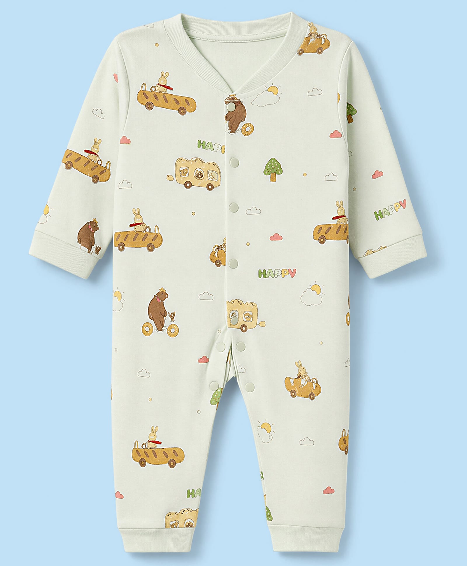 Pink Rabbit Interlock Knit Full Sleeves Rompers With Vehicle & Teddy Bear Print - Green-picture-3
