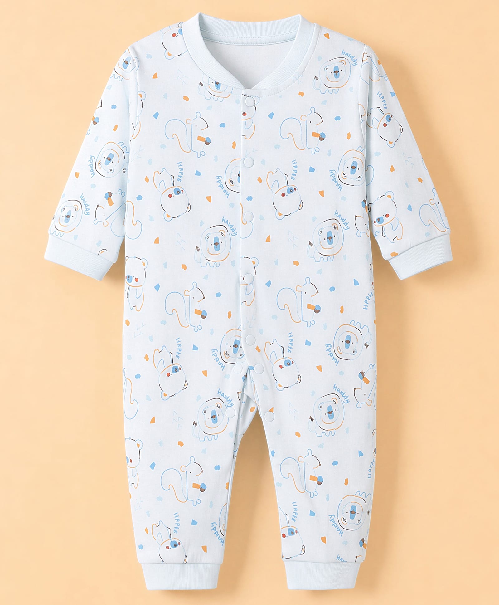 Pink Rabbit Interlock Knit Full Sleeves Rompers With Animal Print - Blue-picture-1