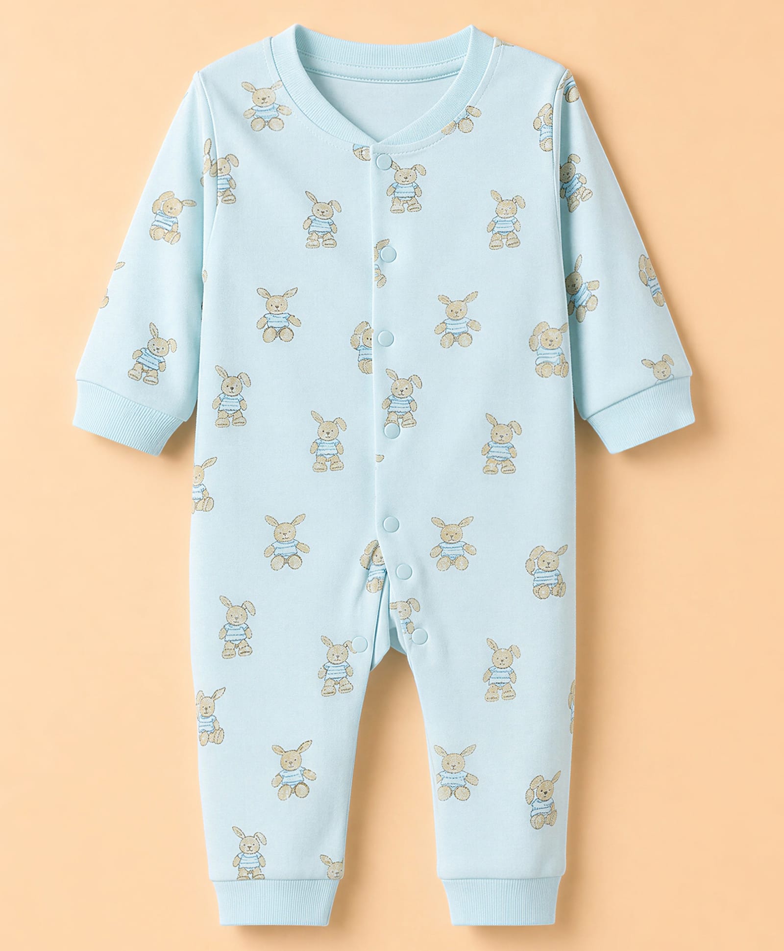 Pink Rabbit Interlock Knit Full Sleeves Rompers With Teddy Bear Print - Aqua Blue-picture-4