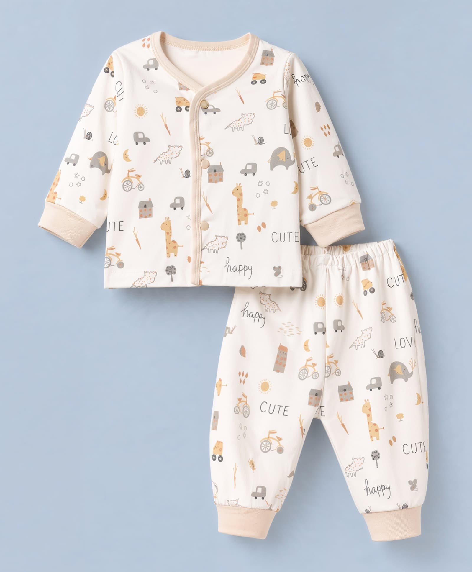 Pink Rabbit Interlock Knit Full Sleeves Co-Ords T-Shirt & Pyjama Night Suit with Vehicle & Animal Print - Beige-picture-15