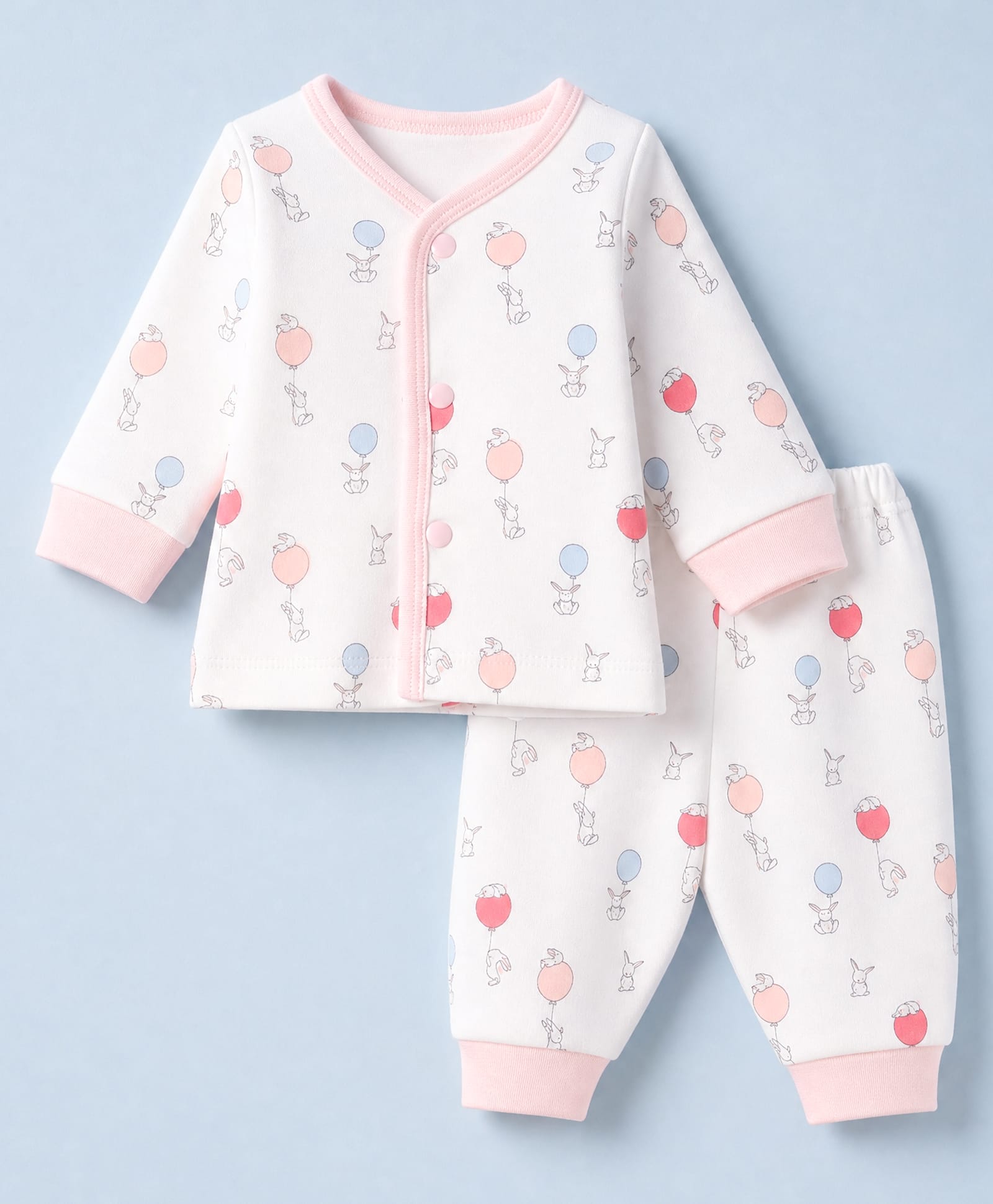 Pink Rabbit Interlock Knit Full Sleeves Co-Ords T-Shirt & Pyjama Night Suit with Bunny Print - Pink-picture-16