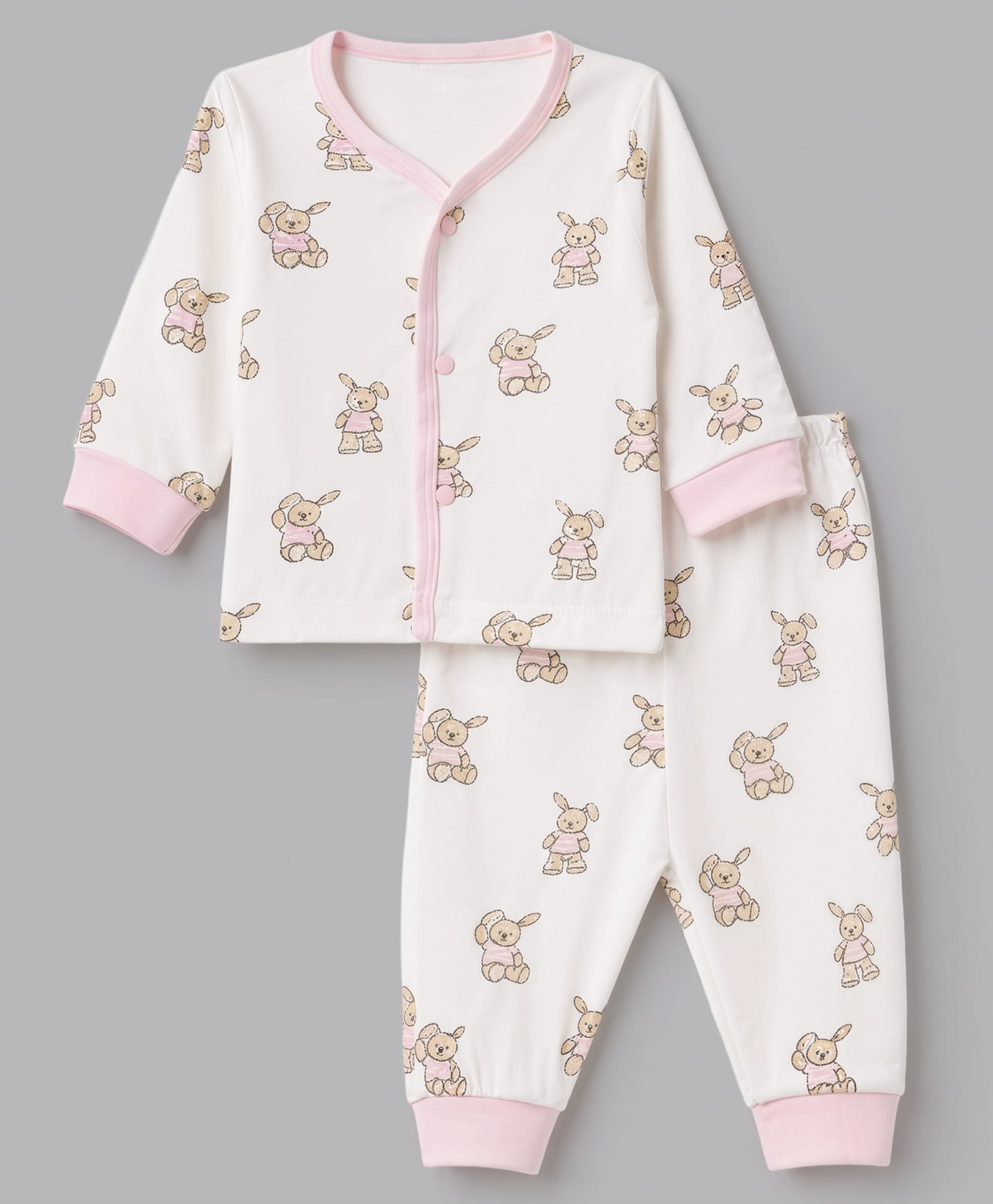 Pink Rabbit Interlock Knit Full Sleeves Co-Ords T-Shirt & Pyjama Night Suit with Bunny Print - Pink-picture-47