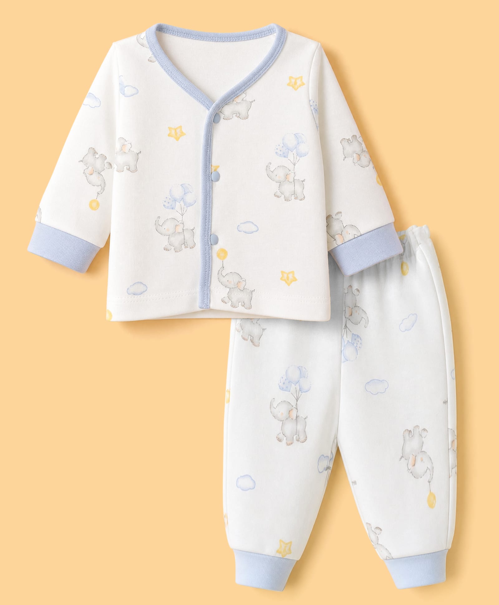 Pink Rabbit Interlock Knit Full Sleeves Co-Ords T-Shirt & Pyjama Night Suit with Elephant Print - Sky Blue-image-7