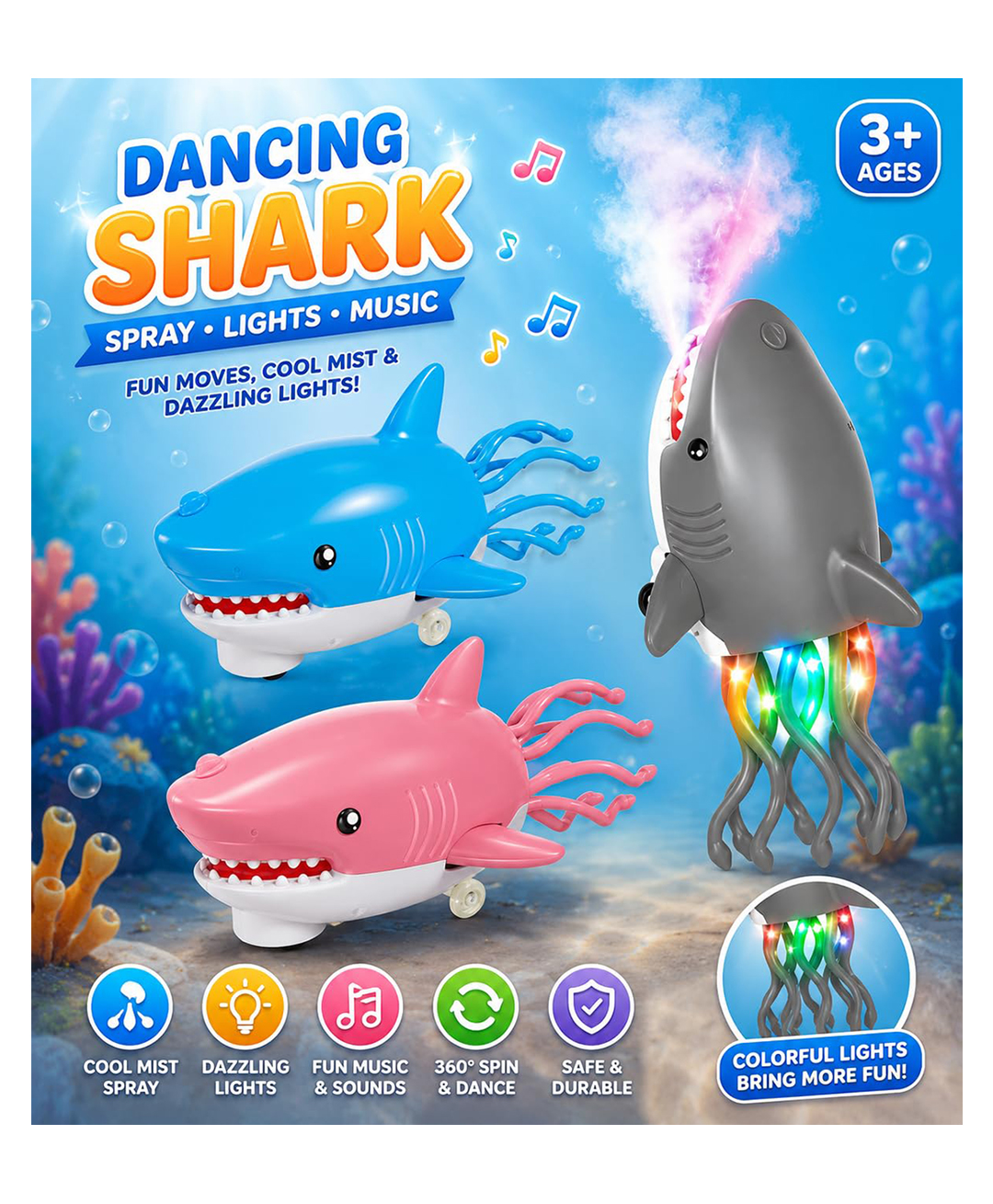 AKN TOYS Dancing Shark Toy for Kids with Spray, LED Lights & Music, Electric Walking Shark Robot with Flexible Tentacles, Obstacle Avoidance, - PACK OF - 1 -( COLOR MAY VARY )-picture-41