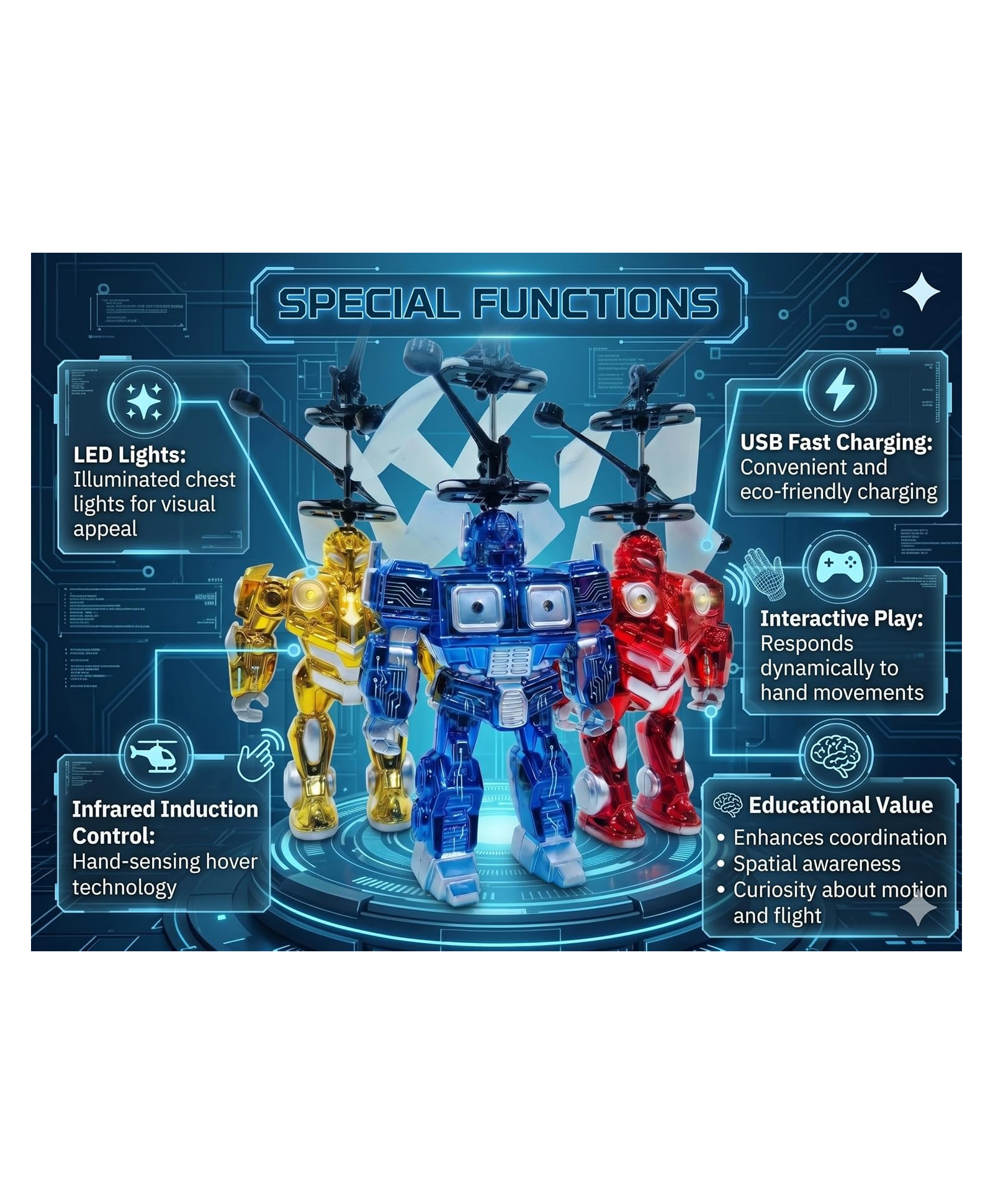 AKN TOYS Flying Robot Toy , USB Rechargeable with LED Lights , Hand Sensor Flying Toy- PACK OF - 1 -( COLOR MAY VARY )-picture-32