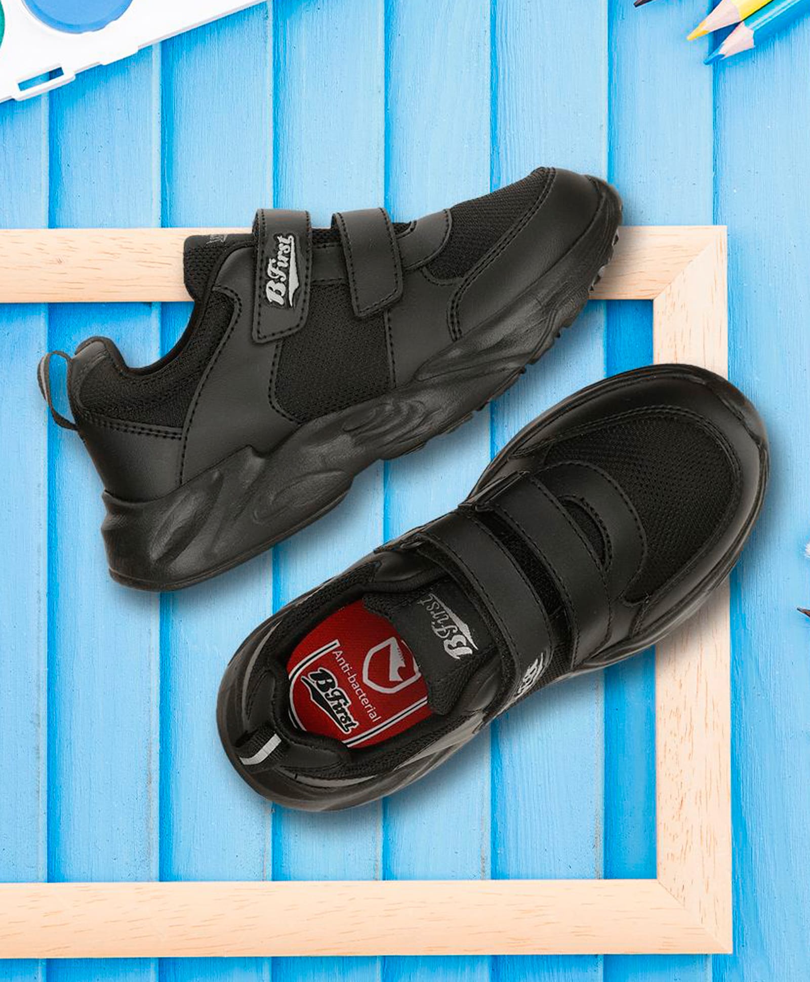 BATA PETER Solid Colour Velcro Closure Flat School Shoes -Black-image-18