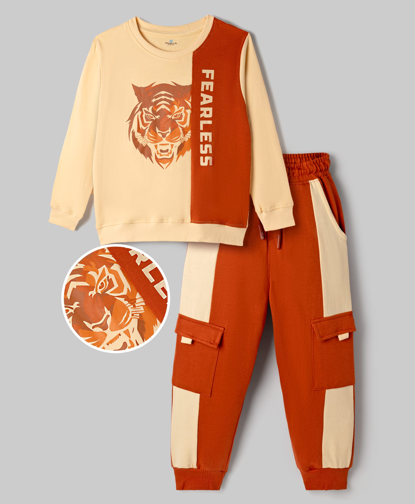 OLLINGTON ST. Looper Knit Full Sleeves Winter Wear Suit With Lion & Text Print - Peach-picture-15