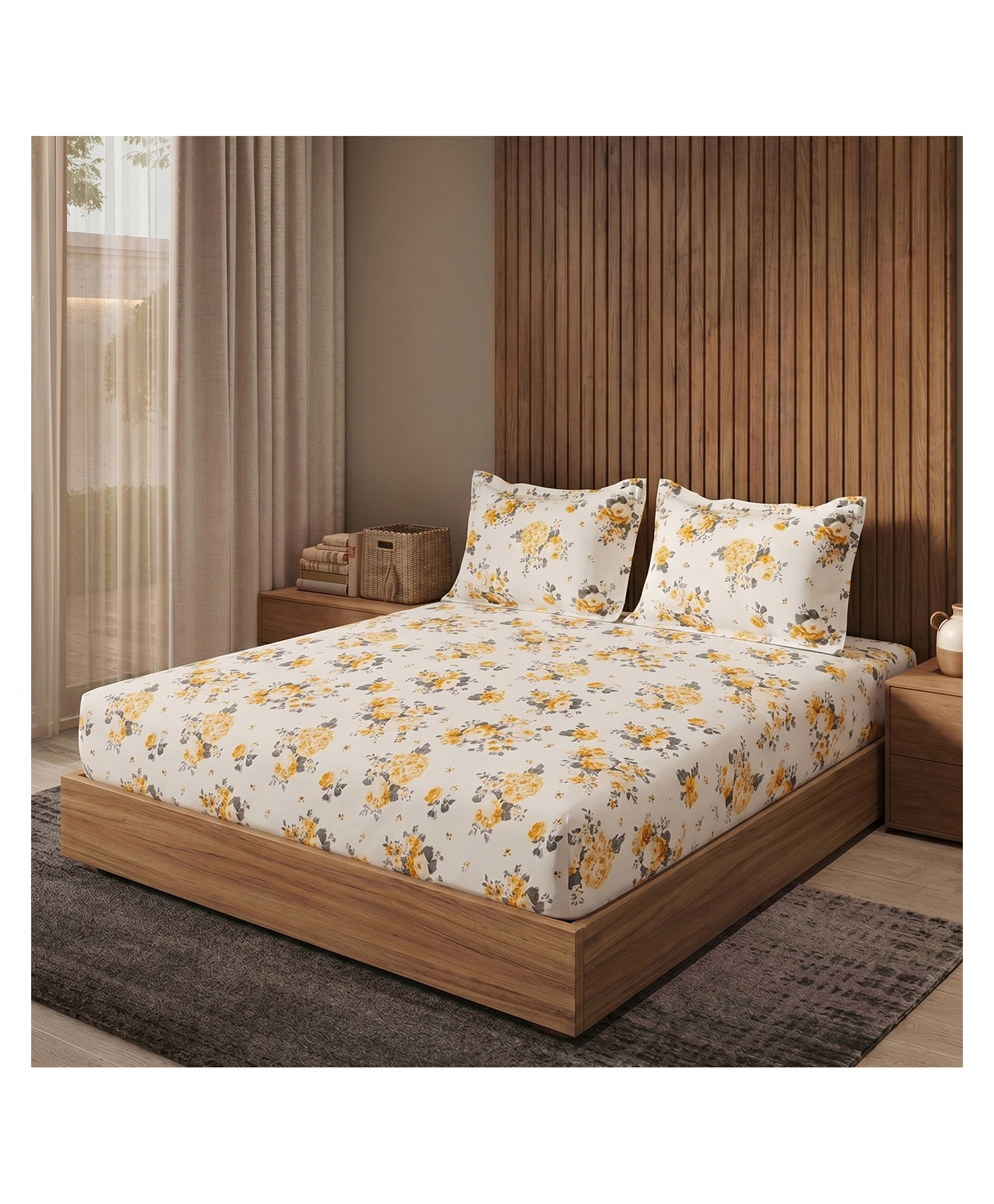 d'decor DDecor Premium Combed Cotton 145TC Double Bed Size Bedsheet with 2 Pillow Covers with Rotary Floral Print - Light Yellow-picture-12