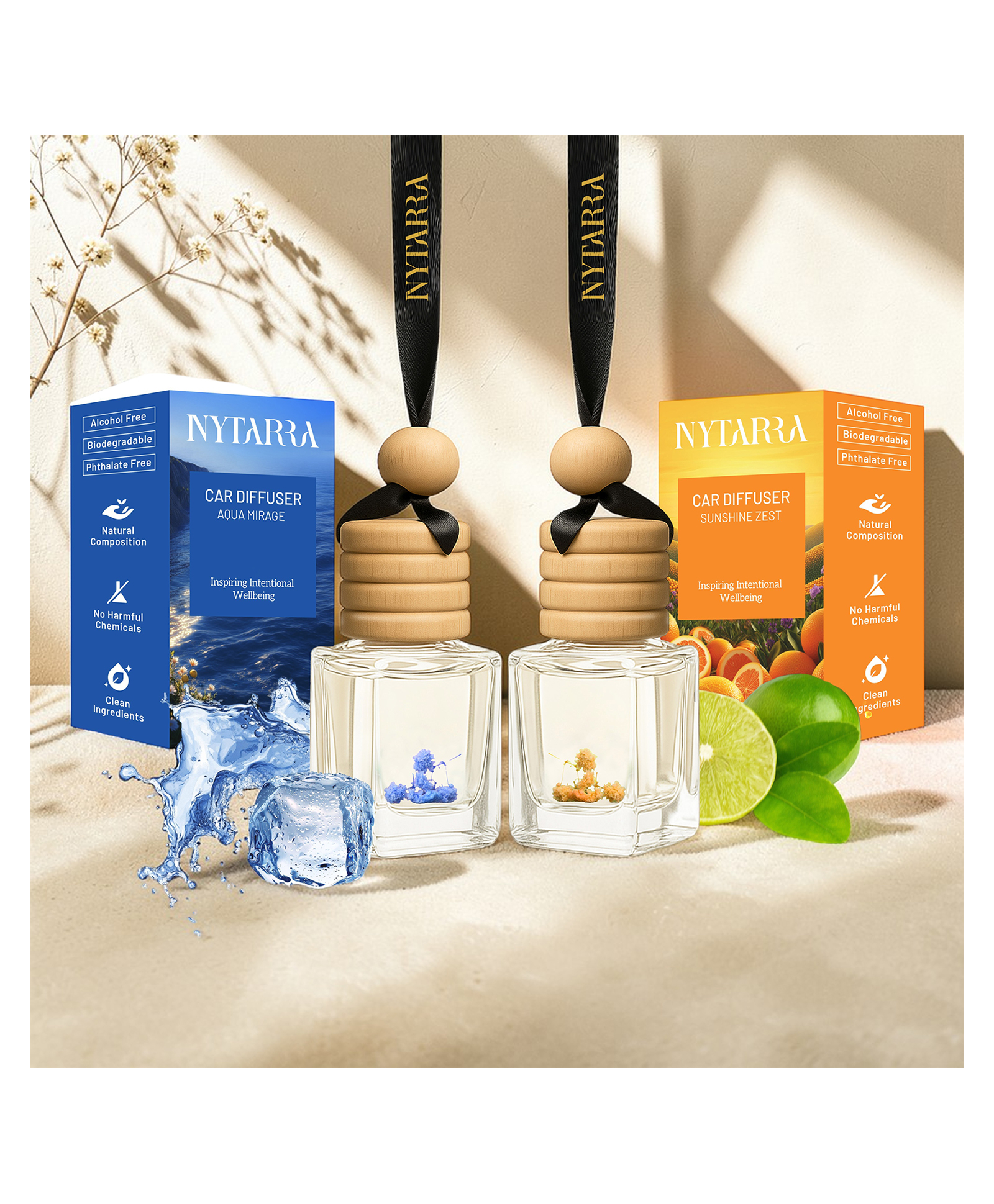 Nytarra Car Perfumes Luxury Combo Aqua Mirage & Sunshine Zest, No-Alcohol & Long-Lasting Fragrance Diffuser, Best Car Air Freshener, Premium Car Scent Hanging Pod-image-3